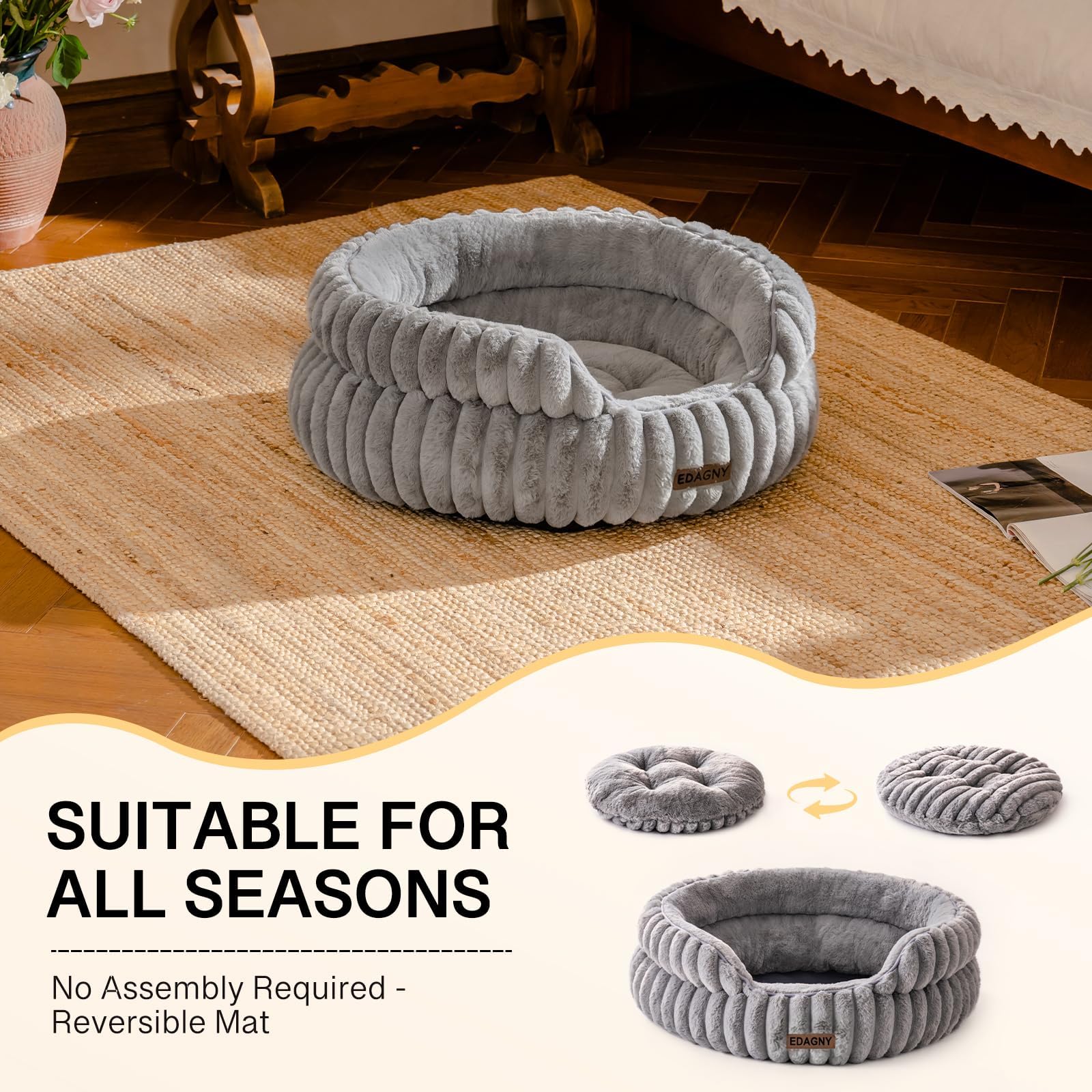 EDAGNY Elegantes Camas para Gatos Camas Perros - Redonda Suave Cama para Perros Pequeños y Medianos Perro, Lavable Calmante Cama para Mascotas (Gris, 51cm x 51cm x 20cm)