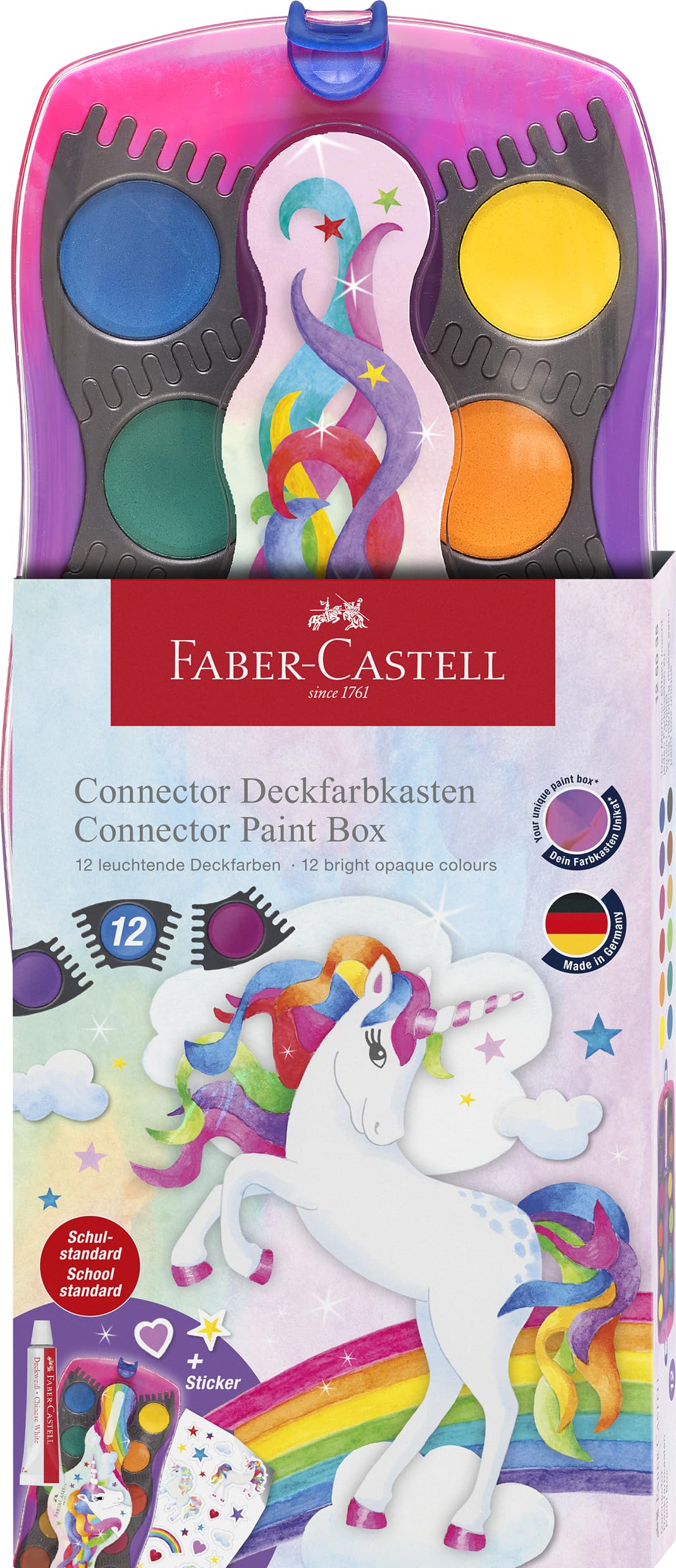 Faber-Castell 125035 - Scatola di acquerelli Connector unicorn con 12 colori incluso tubo bianco opaco e adesivo