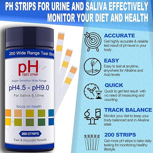 Miniatura 2 de Tiras de prueba de pH para orina y saliva, tiras de prueba de pH en orina de 200 unidades para humanos, rastrea y monitorea de forma rápida y