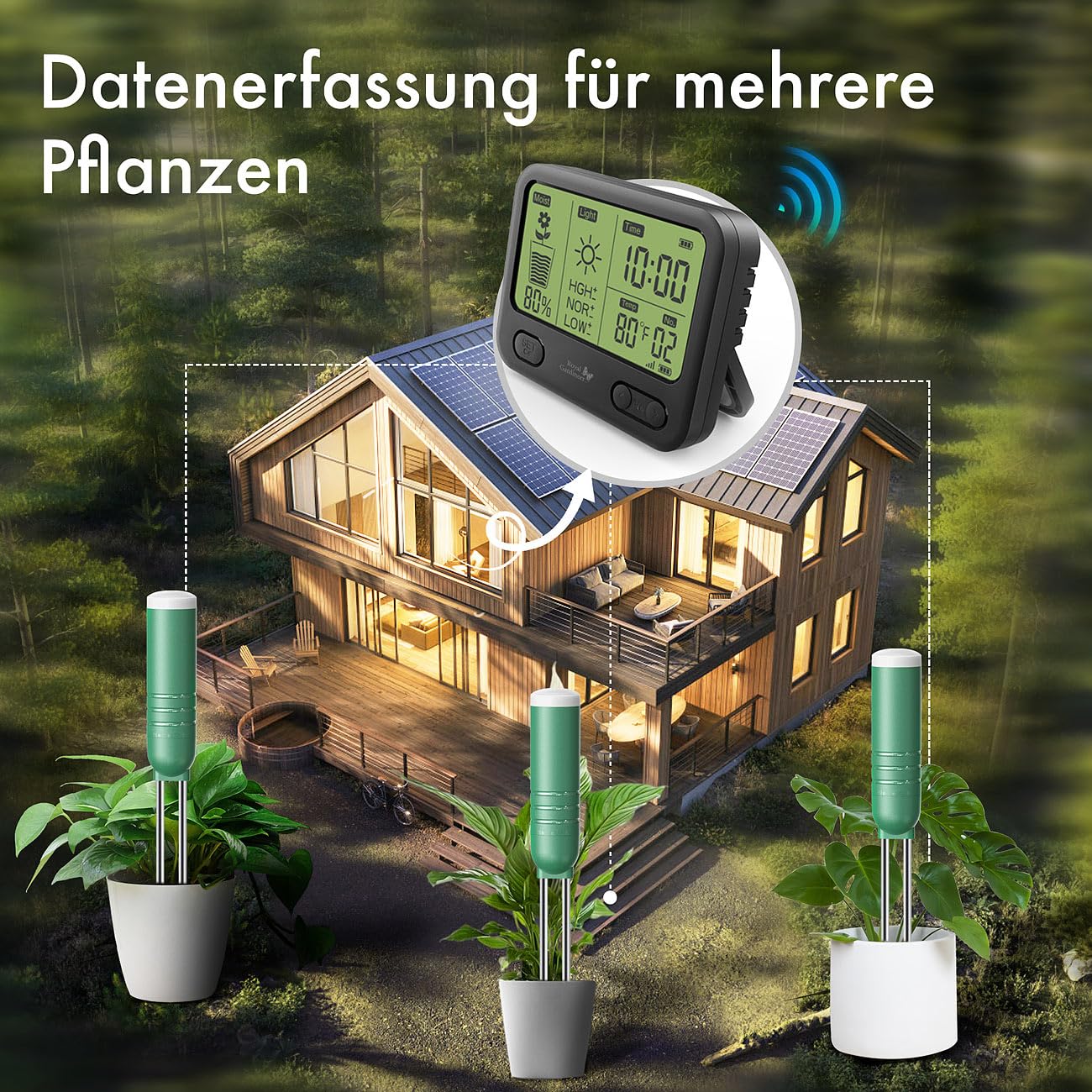 Royal Gardineer Bodenfeuchtigkeitsmesser: 4in1-Funk-Boden-Feuchtigkeitsmesser-Set mit 9 Sensoren, innen & außen (Feuchtigkeitsmesser mit Alarm, Kabelloser, Topf)