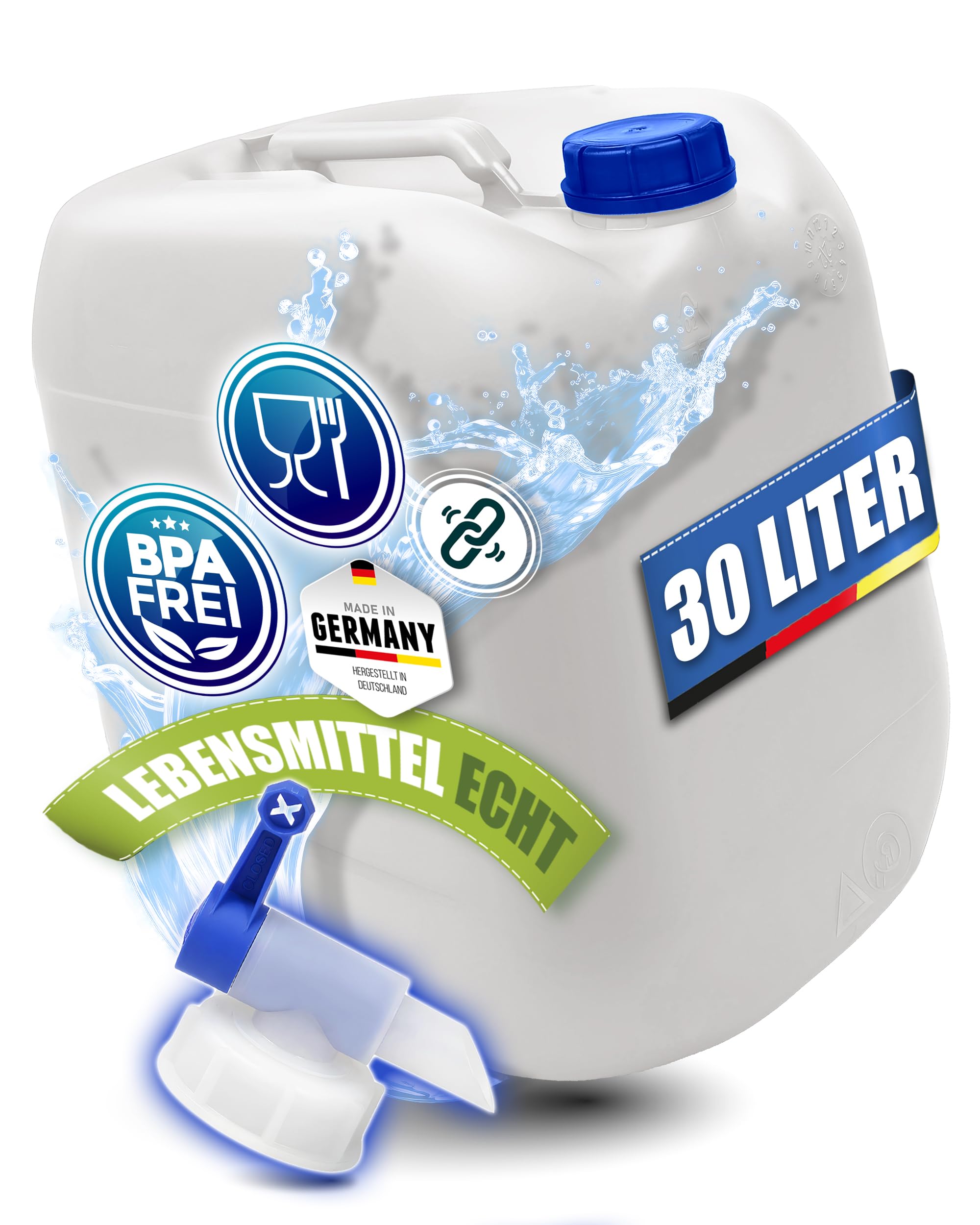 Grand jerrican d'eau de 30 l, sans BPA et de qualité alimentaire, fabriqué | Kosmetex Bidon d'eau de 30 litres pour camping, jardin, commerce et ménage, robuste, neutre au goût pour l'eau et les