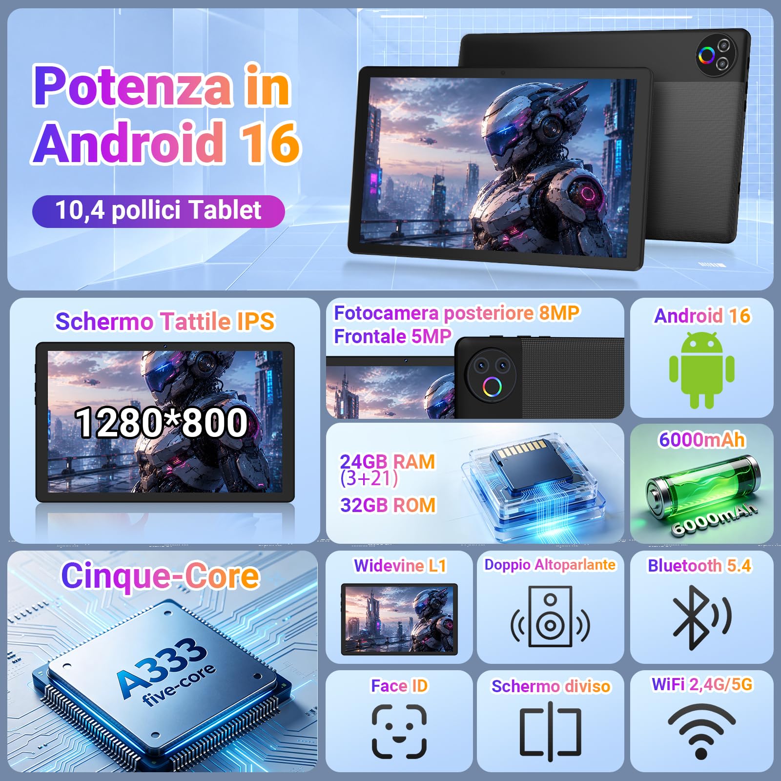Gleeso Tablet 10 Pollici｜Tablet con Android 16｜Android Tablet con 24GB RAM 1TB TF｜6000mAh｜Sblocco Facciale｜BT 5.4/WiFi 5G｜8MP Fotocamera, Portatile Tablet per Studenti e Aziende - Nero