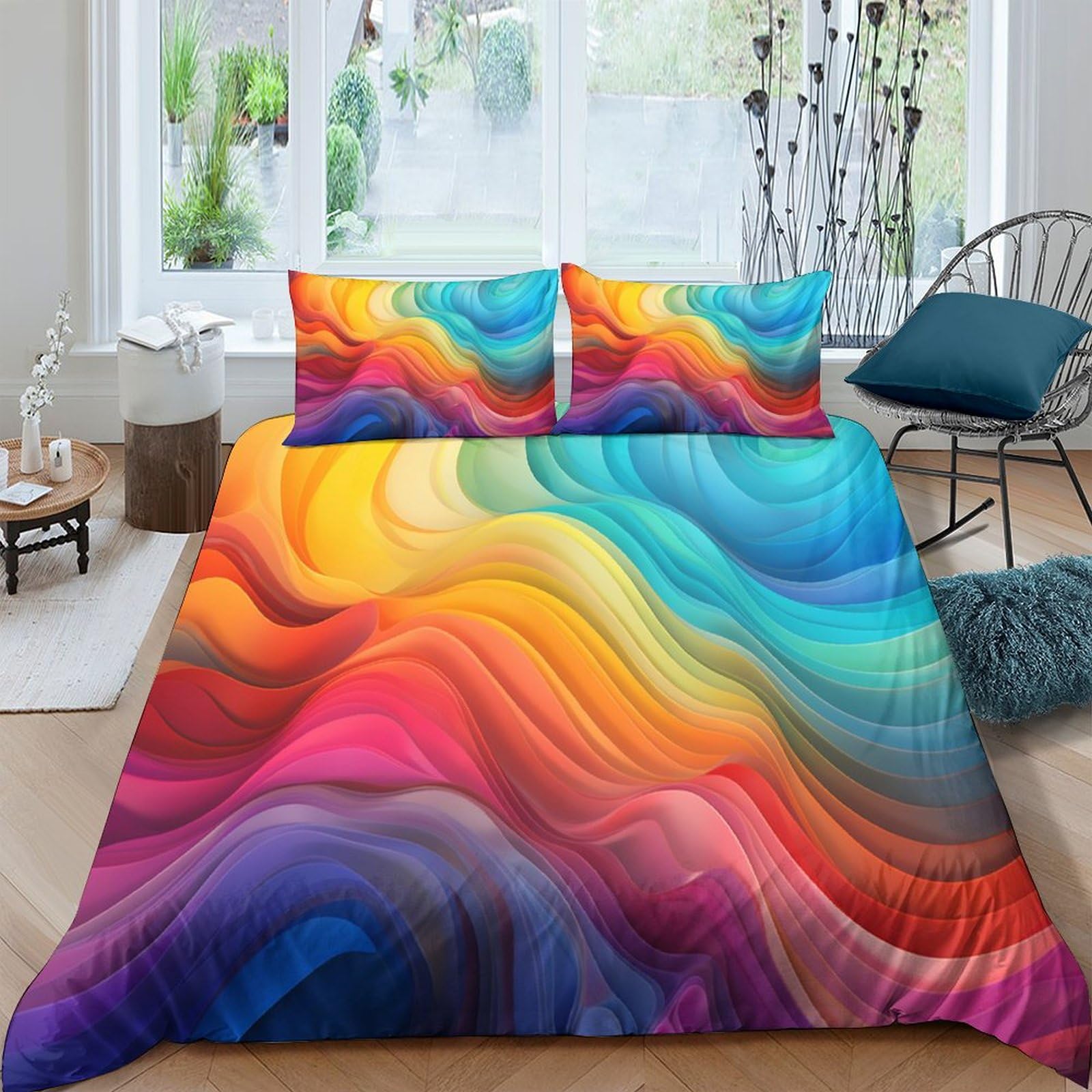 Crjus Style-11 Abstract Rainbow Duvet Cover Set 3D Bedding Sets Microfibre Quilt Cover With Zipper Closure 3 Piece Set Comforter Cover King（220X240cm）
