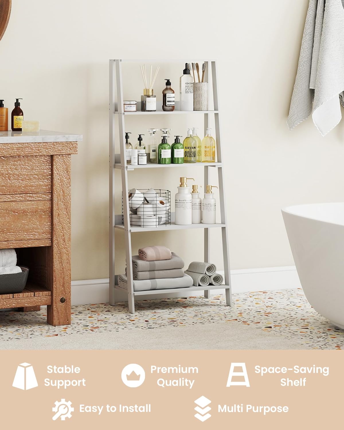 5-Tier White Ladder Shelf, Wooden Bookshelf Bookcase, Open Display Stand, Freestanding Corner Storage Shelves for Living Room, Home Office, Kitchen, Bedroom, Bathroom, Balcony
