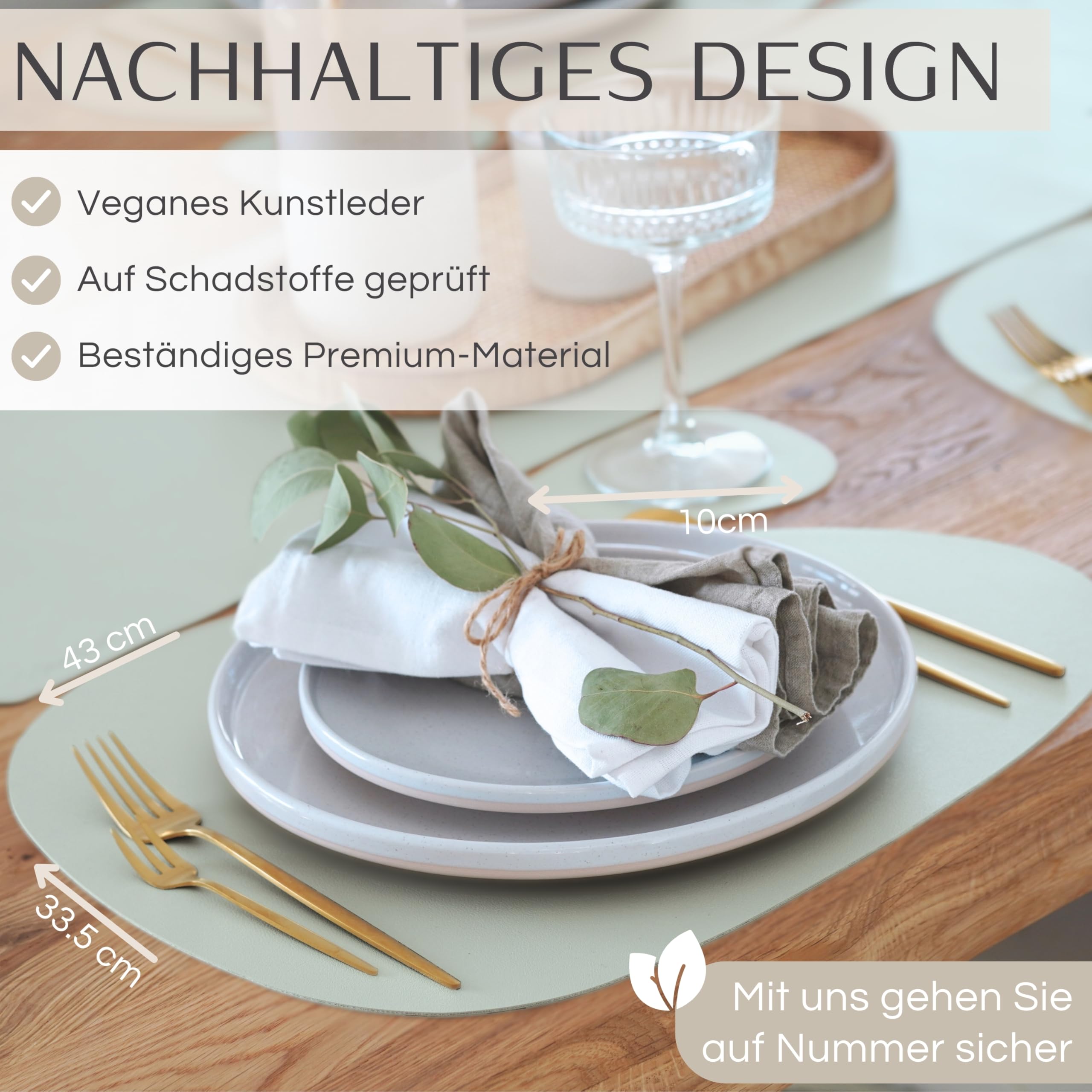Mahewa® Lot de 6 sets de table premium en similicuir - Sets de table lavables et imperméables - Sous-verre en aspect cuir (vert sauge, ovale avec support)
