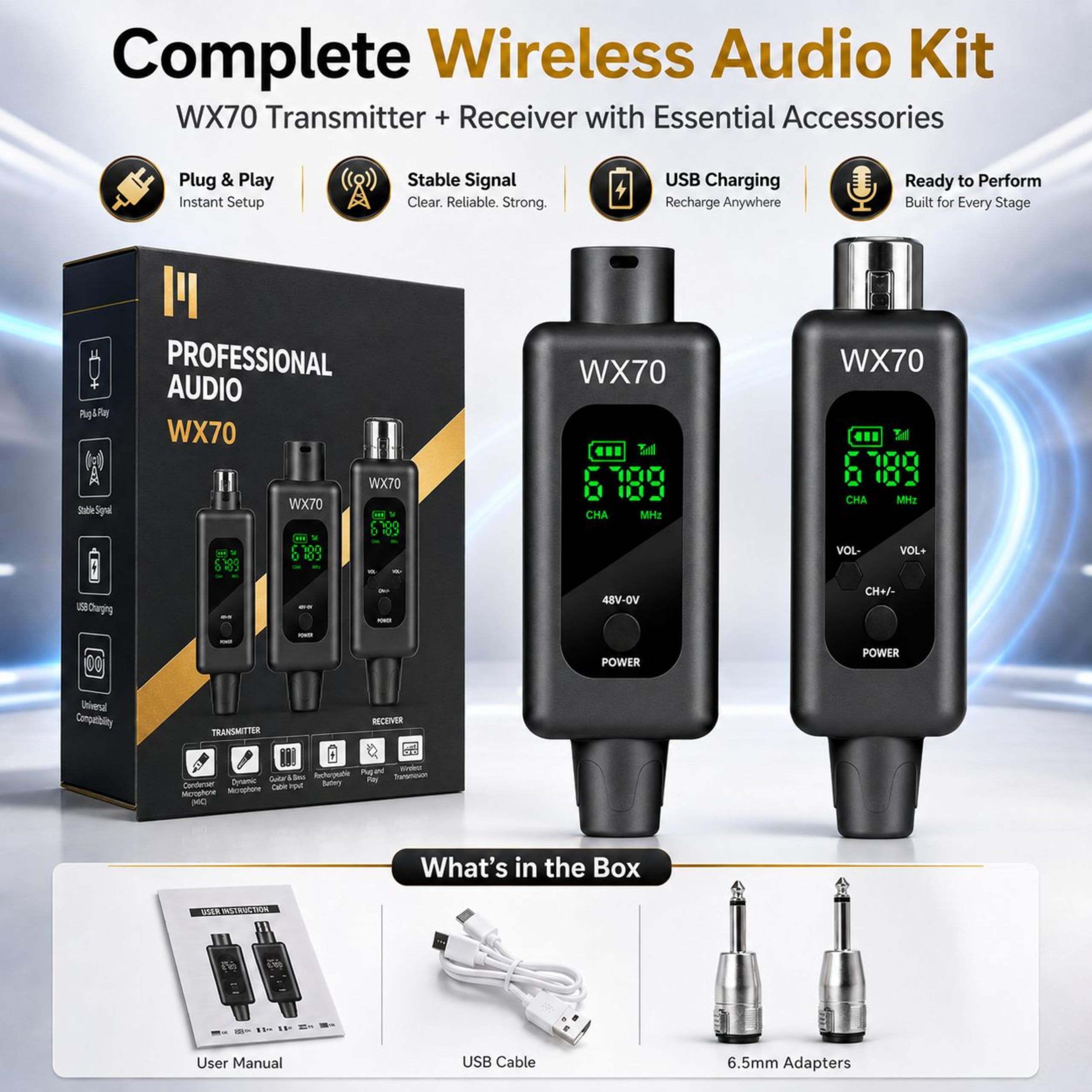Sistema di microfono senza fili Trasmettitore e ricevitore XLR Wireless 2.4GHz per microfoni dinamici, console di mixaggio, attrezzatura per strumenti musicali (cognome Shuang)
