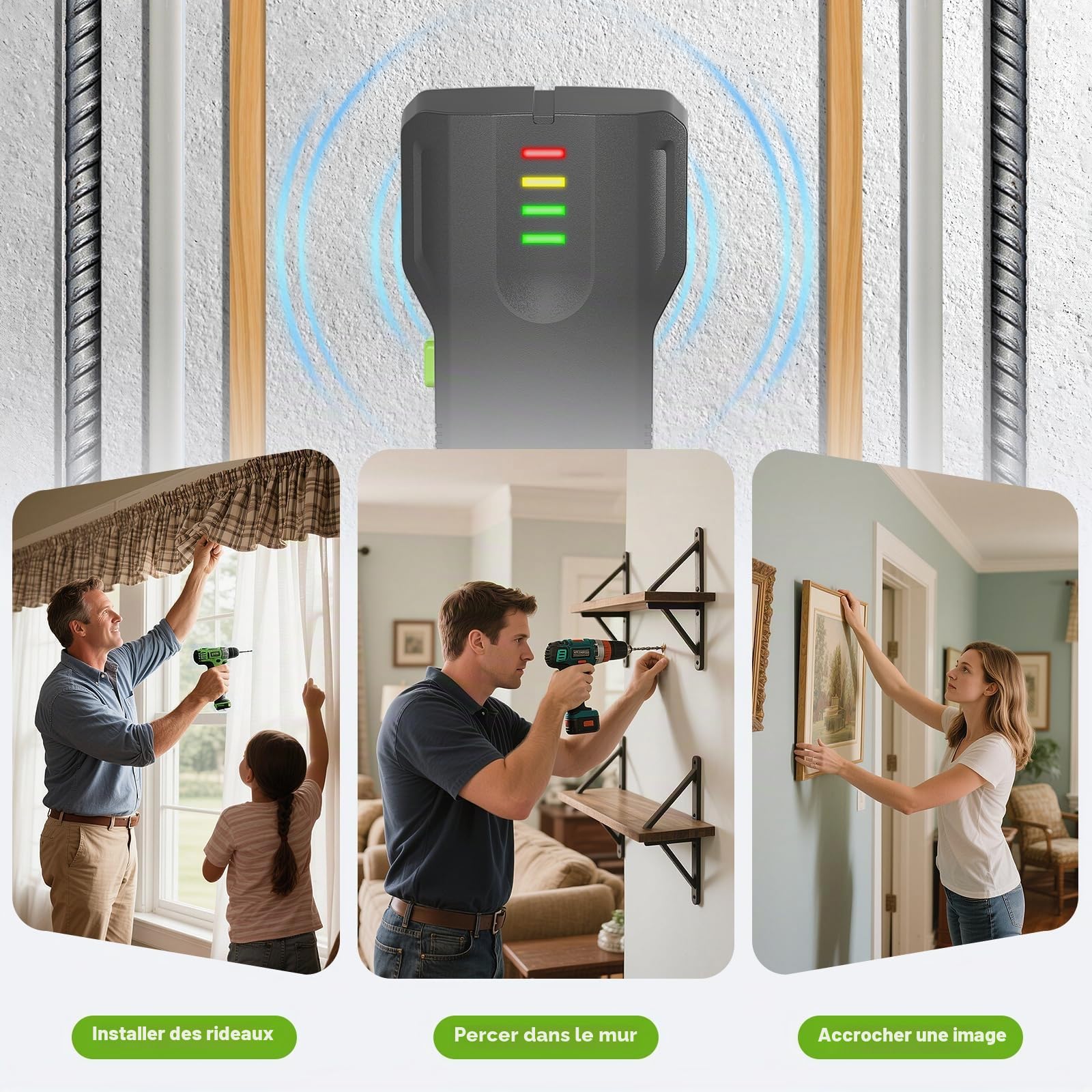 Détecteur Mural 4-en-1 Huepar– détecte Bois, métal, tuyaux PVC et matériaux Non métalliques, avec Voyant LCD 4 Niveaux et Buzzer WS02