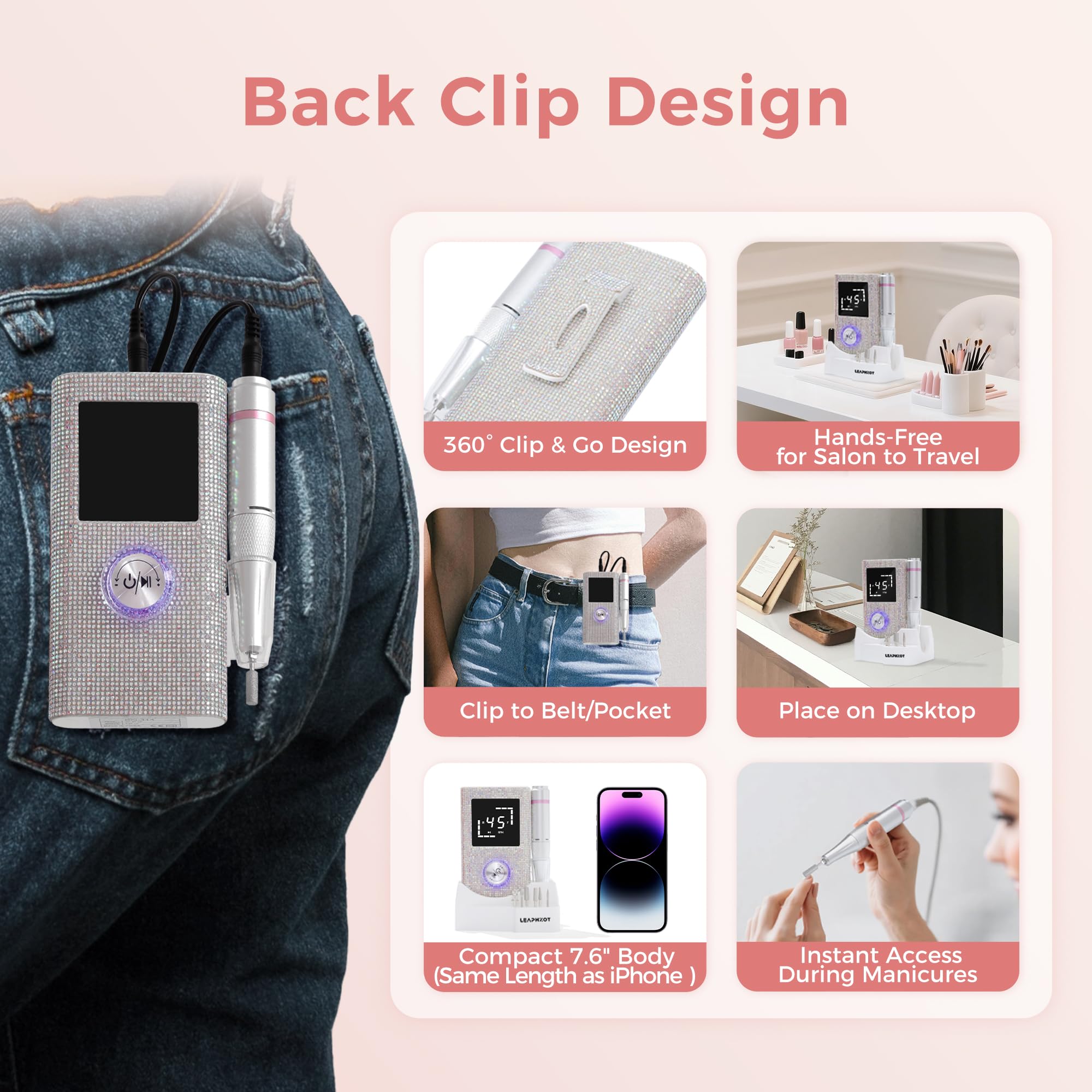 Trapano elettrico per unghie, 45000 giri/min, set di lime ricaricabili portatili con 6 punte, nastri abrasivi per manicure e pedicure
