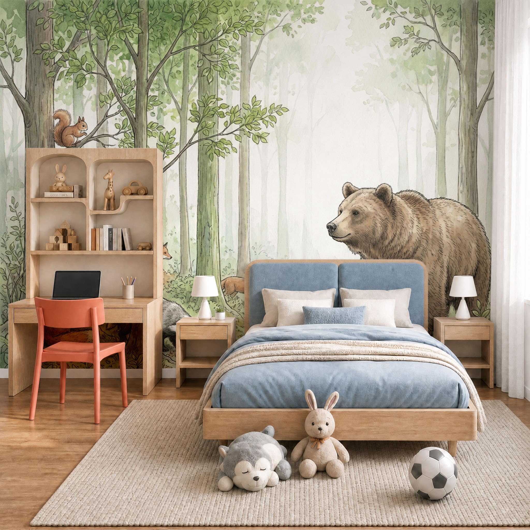 Papier peint panoramique animaux forêt vert clair 450x315 cm