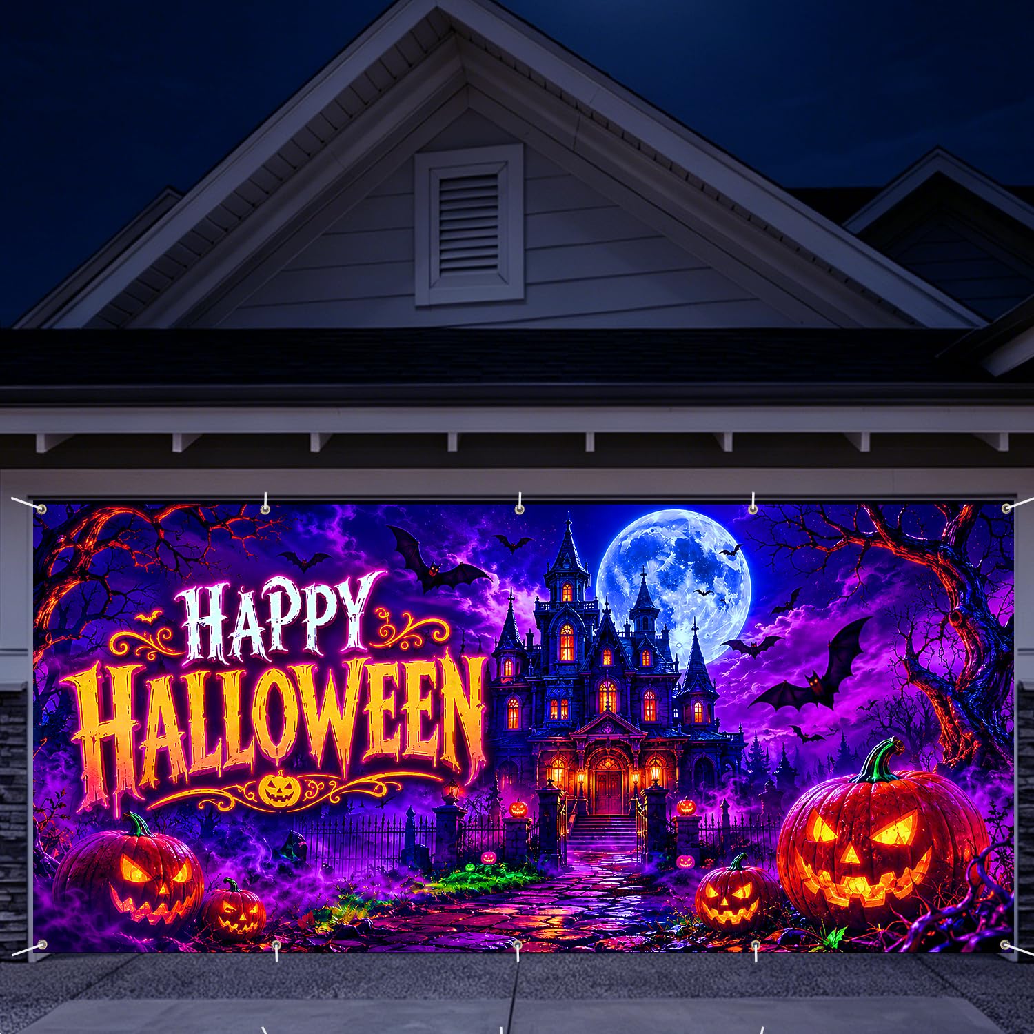 7 x 16 ft Blacklight Haunted Castle Halloween Garage Door Decorations Halloween decorations Door Cover, Hanging Banner for Home,Outdoor, Indoor,Spooky Party,Wall,Window