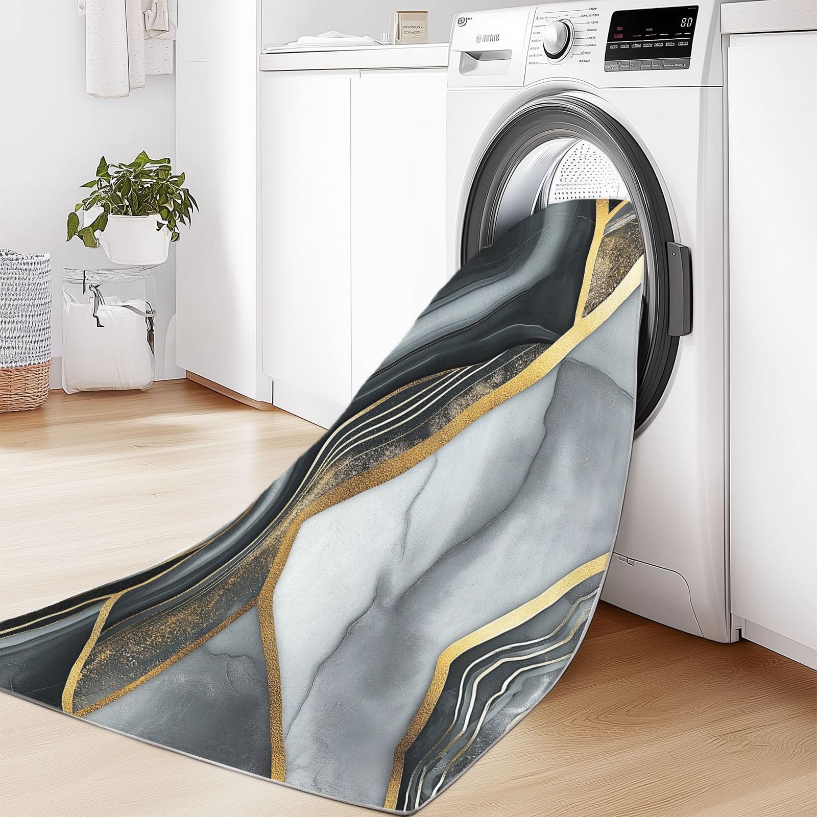 Tapis Moderne Agate Géométrique imprimé pour Salon, Gris Or Tapis Poil Ras Doux et antidérapant Design Moderne Lavable, décoration intérieure, 120 x 170 cm