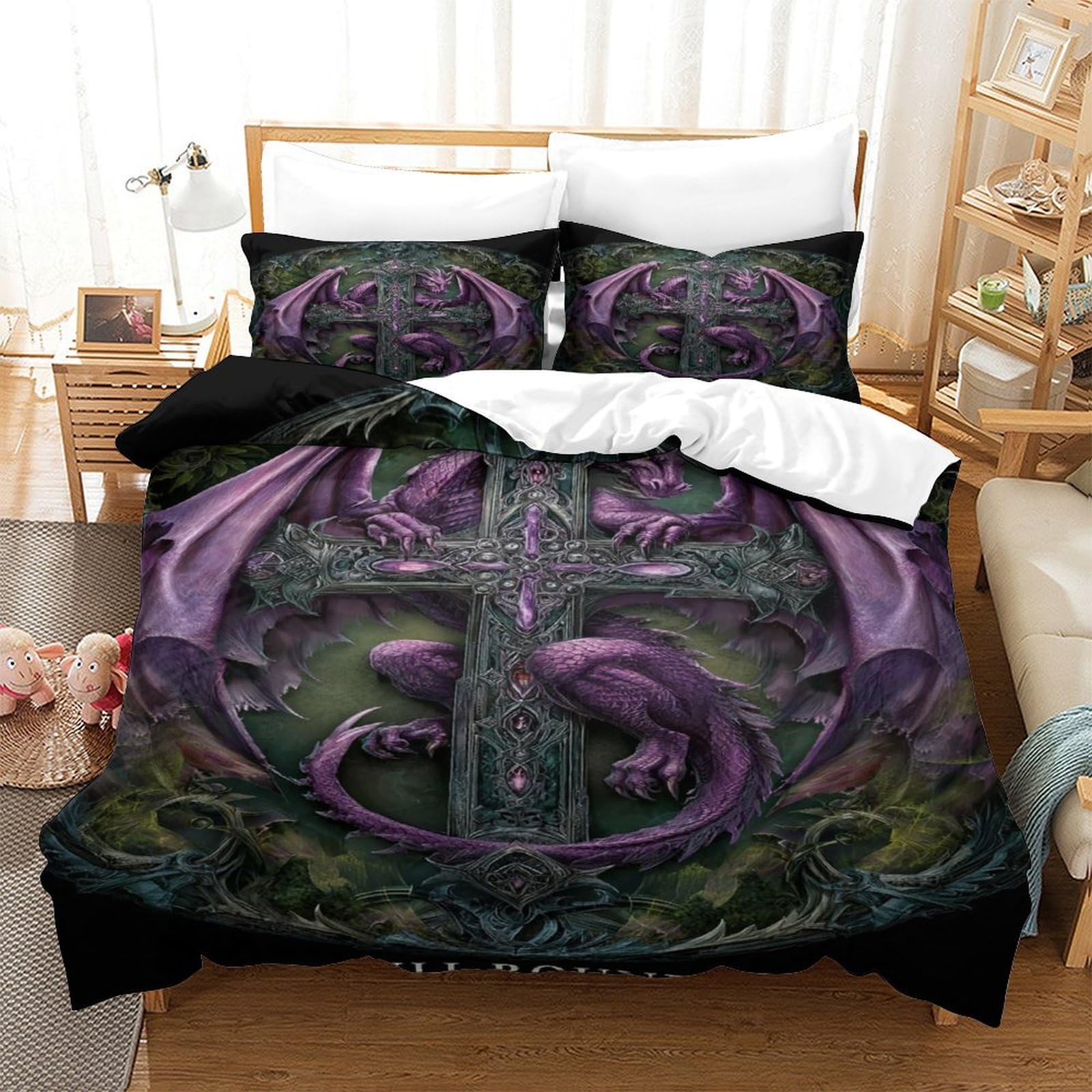 QDZHCPMYK Purple Dragon And Skull Duvet Cover Set 3 PCS Hotel Quality Quilt Cover Bedding Set Bed Covers with Pillowcases with Zipper Closure Ultra Soft Anti Allergic Microfiber Double（200x200cm）