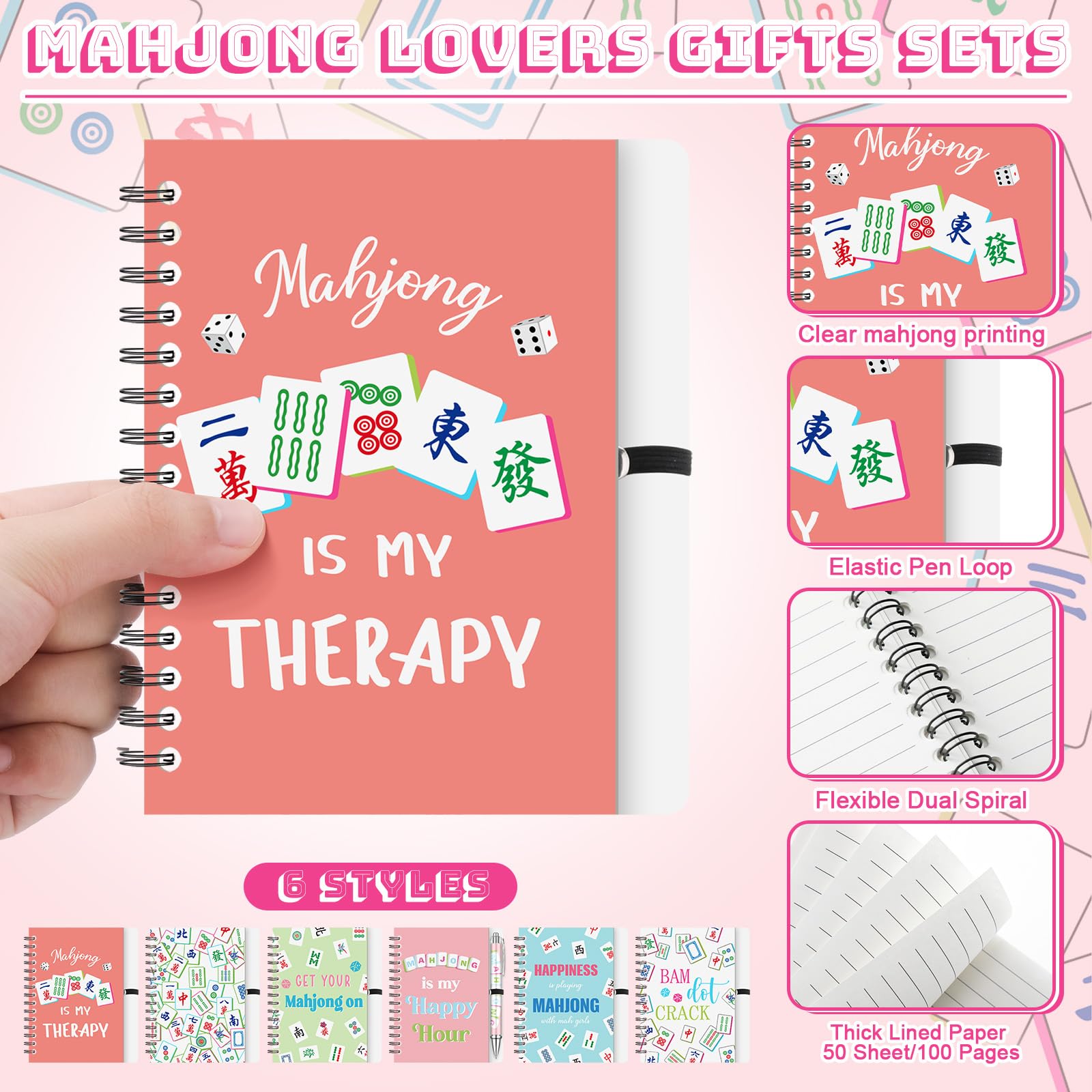 Resurhang Lot de 24 pièces/12 ensembles de cadeaux pour amoureux de Mahjong comprenant 12 carnets à spirale et 12 stylos à bille rétractables – Cadeaux amusants pour Mahjong – Cadeaux amusants pour