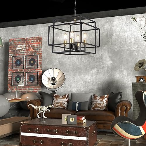 Miniatura 5 de Maxax Lámpara de araña cuadrada moderna, 4 luces colgantes de granja, para isla de cocina, comedor, dormitorio, sala de estar, acabado negro y dorado