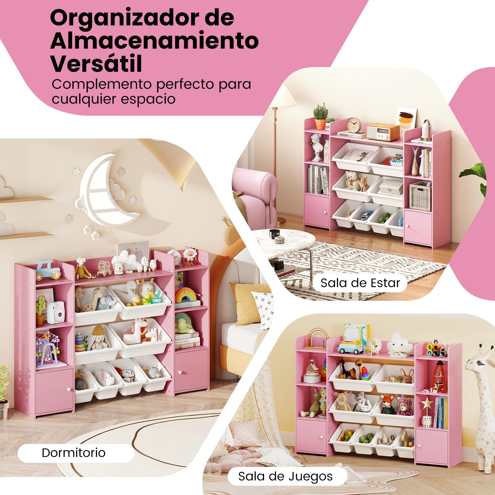 GOPLUS Mueble Almacenaje Juguetes, Estantería Infantil de 4 Niveles con 6 Compartimentos y 8 Cajas Extraíbles, Organizador Juguetes para Salón, Dormitorio 142 x 30 x 100 cm(Blanco) (Rosa)