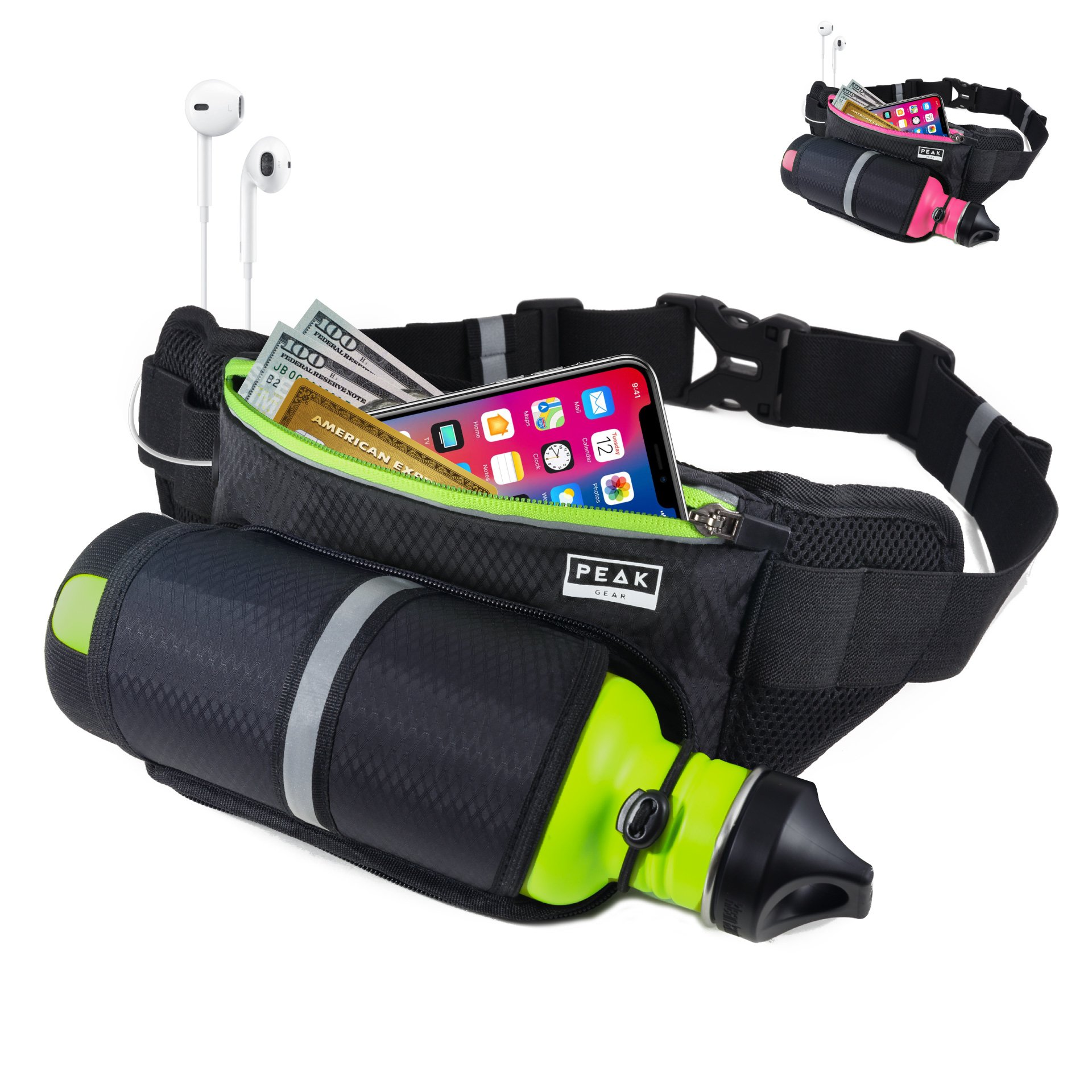 Peak Gear Waist Pack and Water Bottle Belt - New Larger Size - Hydration Fanny Pack for Jogging, Walking or Hiking green