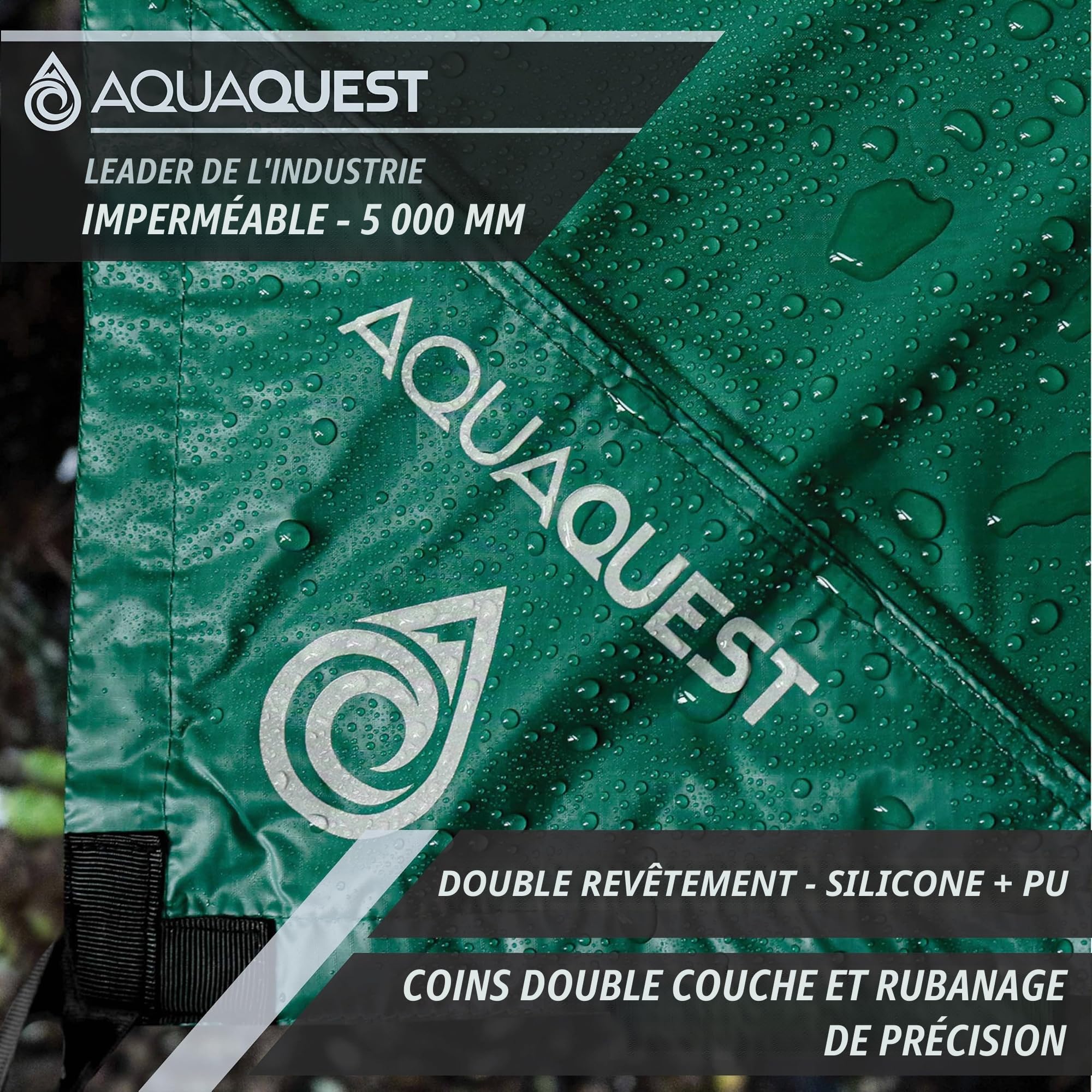 Aqua Quest Guide Bâche Carrée 3 x 3 m Verte - Abri de Randonnée Ultra-léger et Imperméable en Ripstop Sil Nylon pour Camping Tente - Parfait pour Le Hamac