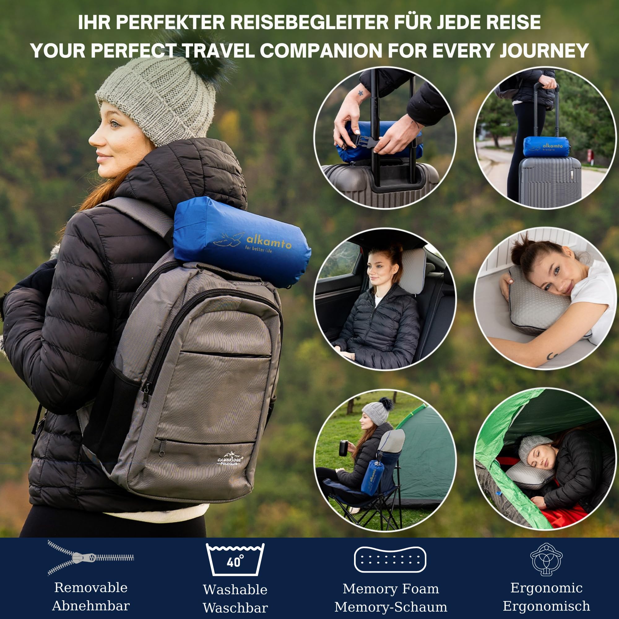 alkamto Coussin de Voyage + Coussin de Nuque de Voyage supplémentaire - Coussin de Camping - Oreiller Ergonomique en Mousse à mémoire de Forme avec Housse thermorégulatrice - Sac de Voyage Inclus