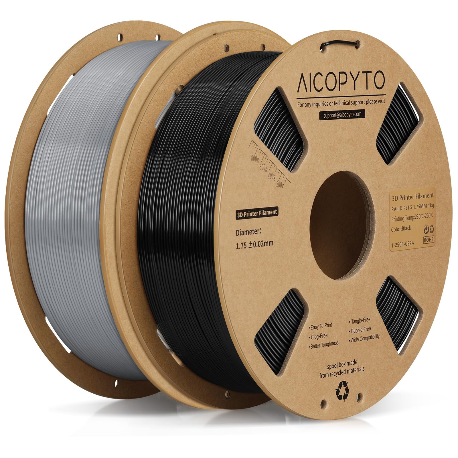 Rapid PETG Filament 2KG Black&amp;Grey, High Speed 30-600mm/s 3D Printer Filament PETG 1.75mm Dimensional Accuracy +/- 0.02mm, 1kg Cardboard Spool(2.2lbs) Fits for Most FFF 3D Printers,Black+Grey