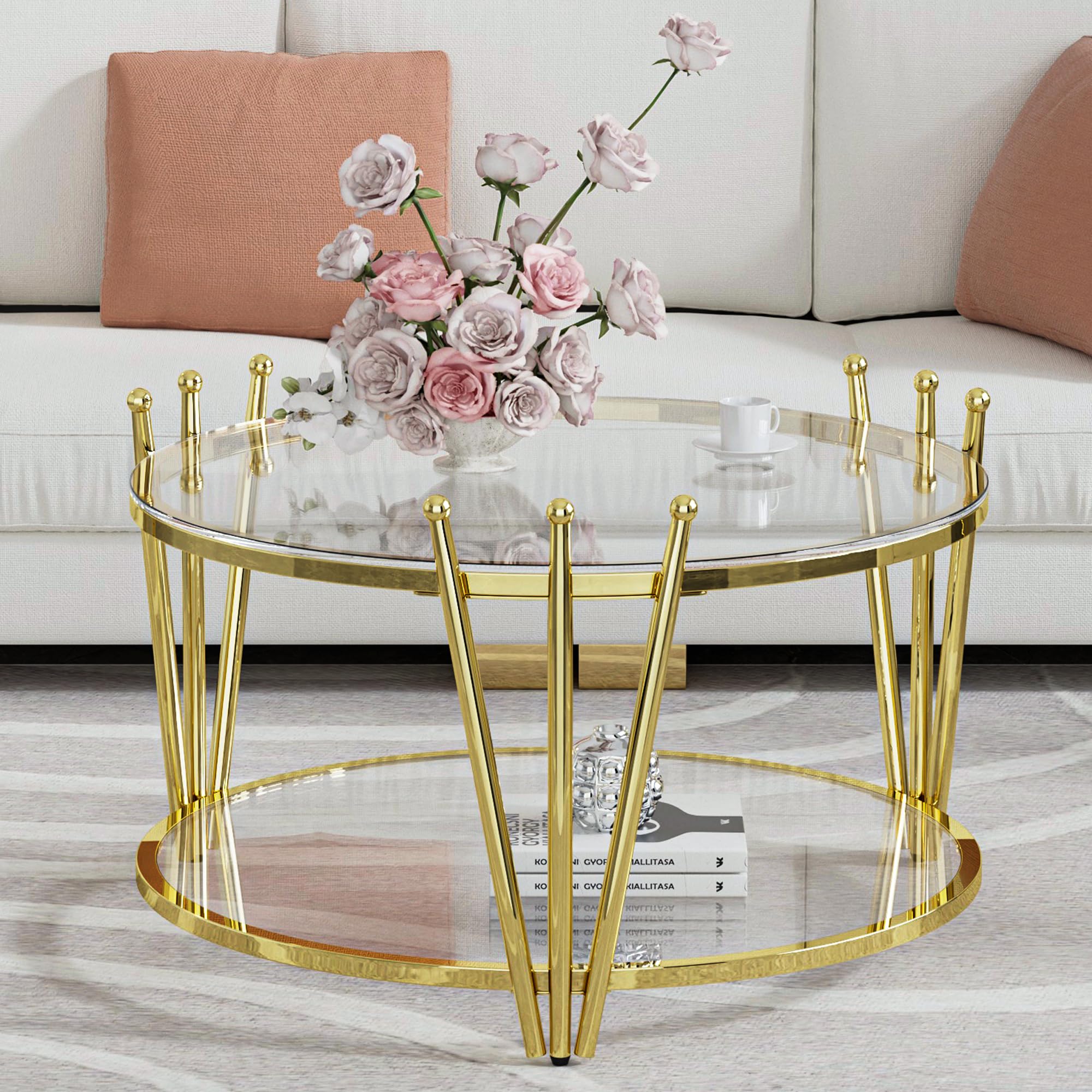 Amazon.com: Round Gold Glass Coffee Table for Living Room Table Modern ...