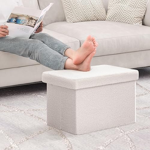 Miniatura 4 de B FSOBEIIALEO Cubo otomano de almacenamiento pequeño Sherpa otomano otomano, otomanas plegables y portátiles, piel de peluche sintética, color
