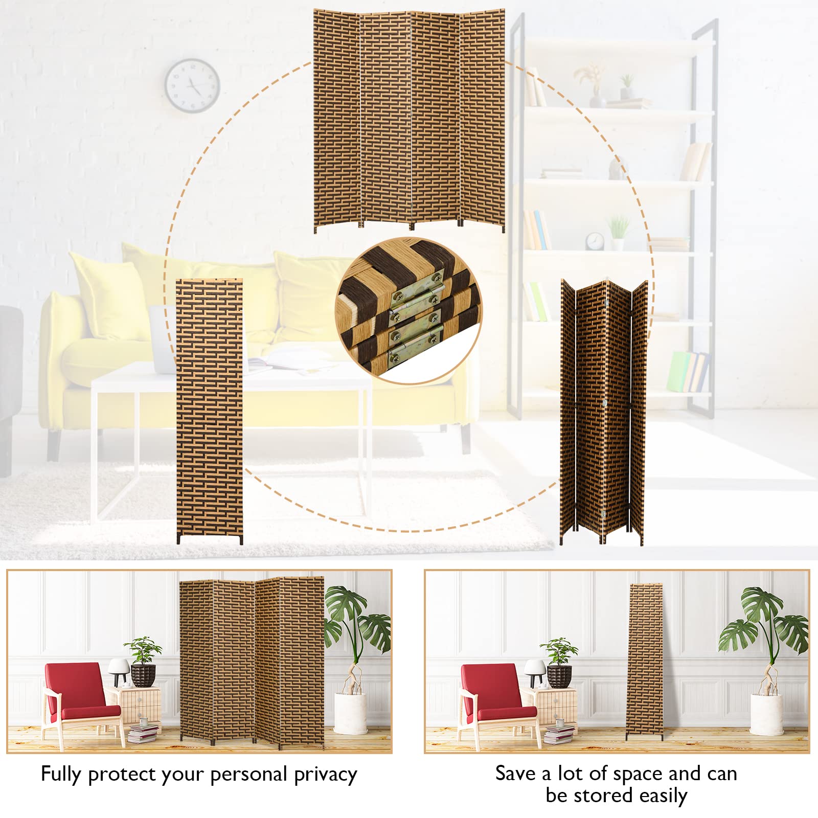 Giantex Room Divider, 6 Ft 4 Panel Handmade Rattan Room Divider, Wood
