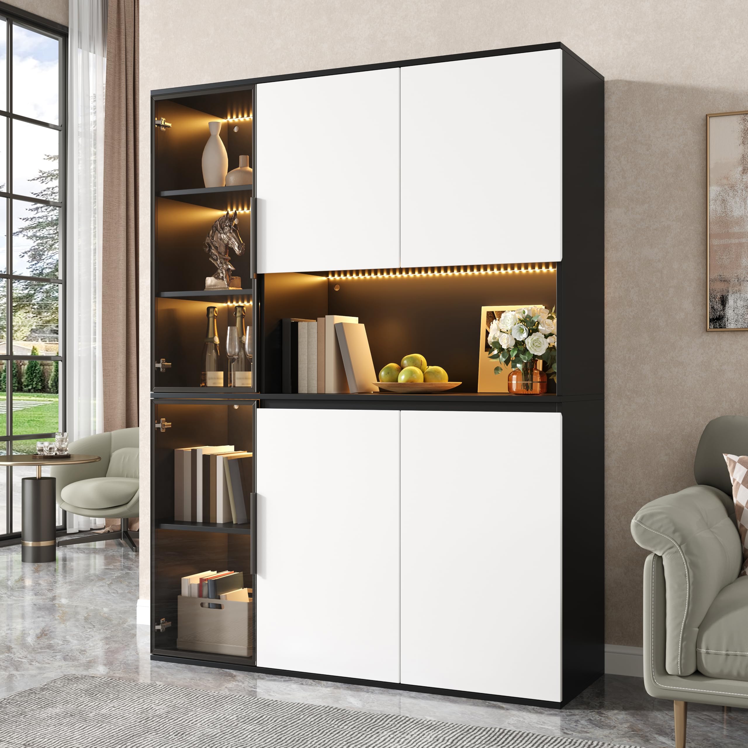 Armadietto alto, vetrina, luci LED integrate, vano portaoggetti, armadio per sala da pranzo