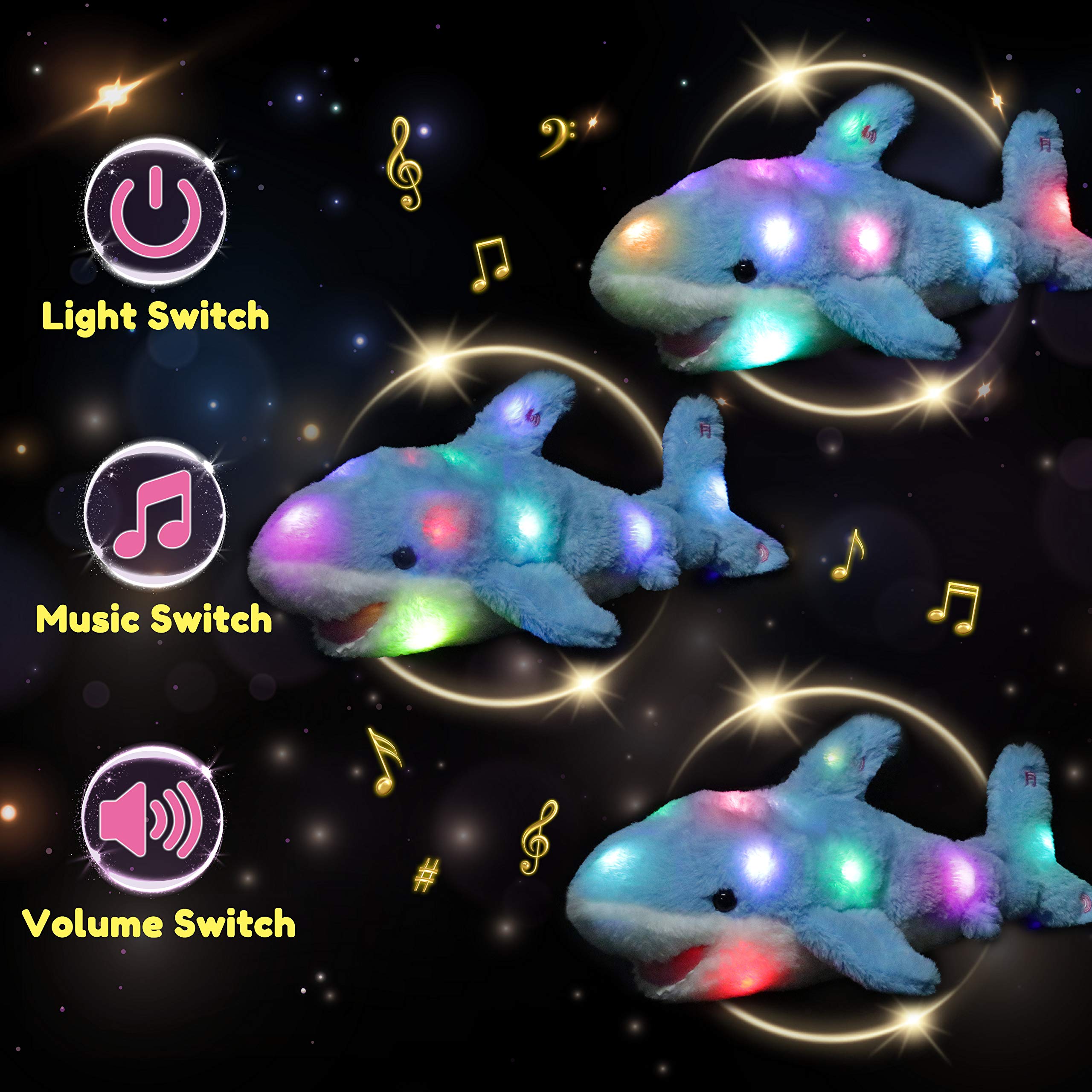 Hopearl Requin Musical Peluche Lumineuse LED Qui Chante Volume Réglable, Veilleuse Animée Apaisante - Cadeau Anniversaire Fête pour Enfants Filles, Bleu, 28cm