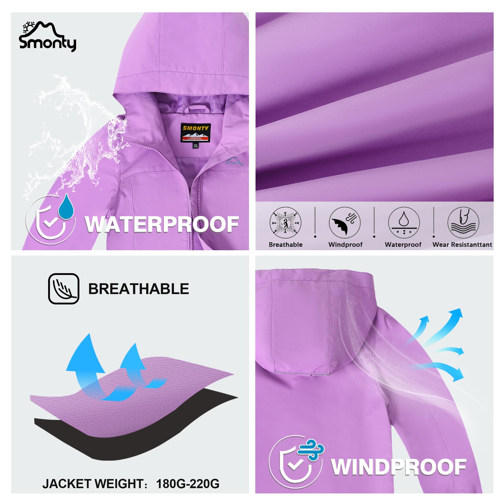 SMONTY Chaqueta Impermeable para Niños Capucha a Prueba de Viento Chaqueta Transpirable para Senderismo, Ciclismo y Carrera al Aire Libre Deportes