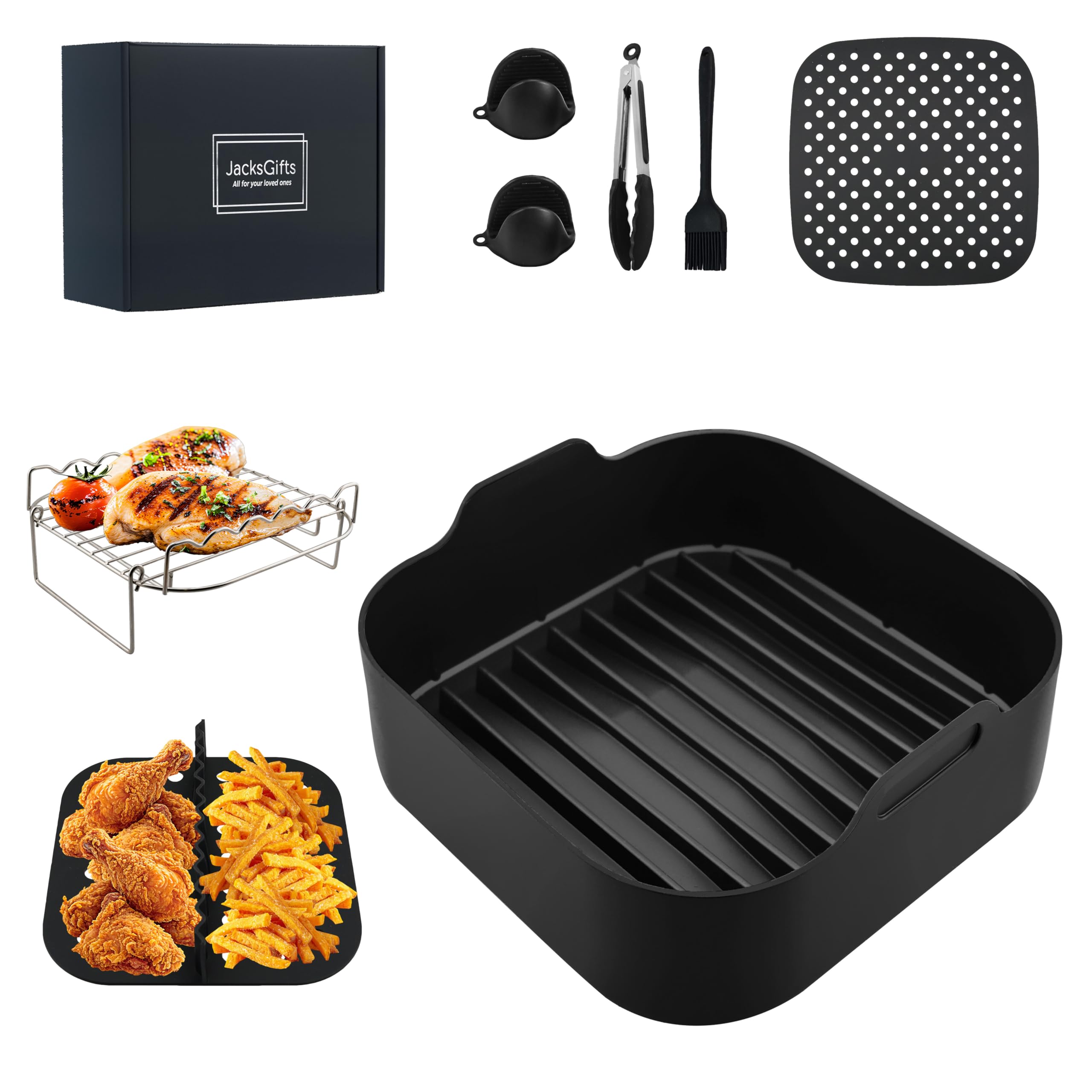 Complete 8 Pack Square Silicone Air Fryer Liners with Stainless Steel Rack & Elevated Base for Ninja AF180UK ON400UK Speedi, All-in-One Accessory Set (Black)