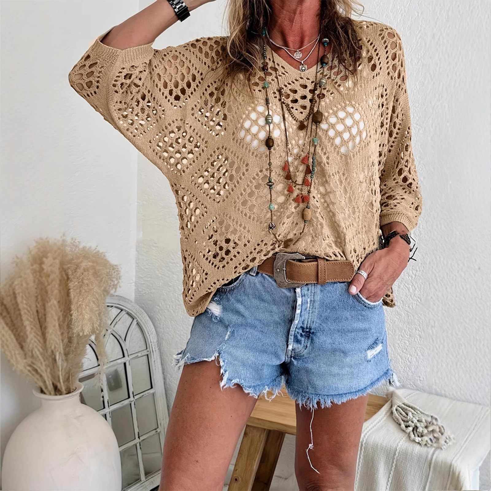 Generico Women's Bohemian-Inspired Beige Crochet Top with V-Neck Bohemian Crochet Tops for Women
