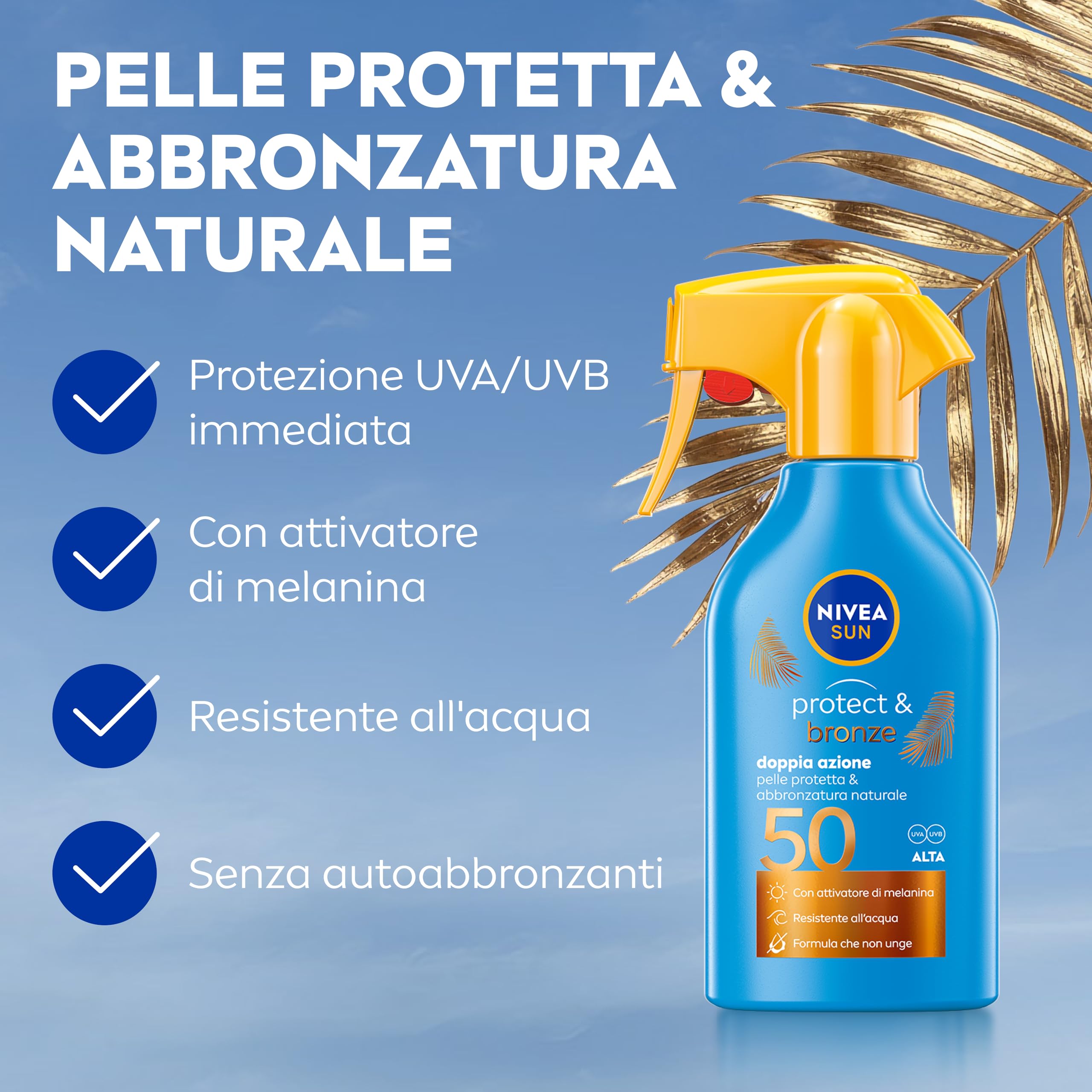 NIVEA SUN Spray Protect & Bronze SPF 50 250 ml, Crema solare 50 spray abbronzante corpo, Protezione solare 50 con attivatore di Melanina acceleratore abbronzatura, Resistente all'acqua, Non unge