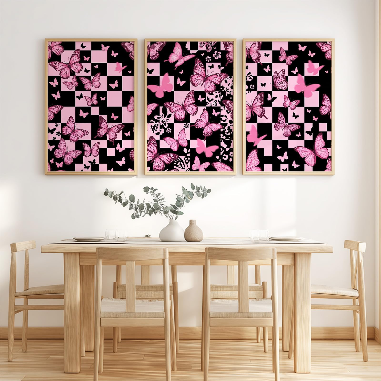 Generisch Juego de 3 pósteres Y2K a cuadros, cuadros negros y rosados, mariposas en negro, para salón, dormitorio, comedor, arte de pared, sin marco, lienzo (40 x 60 cm)