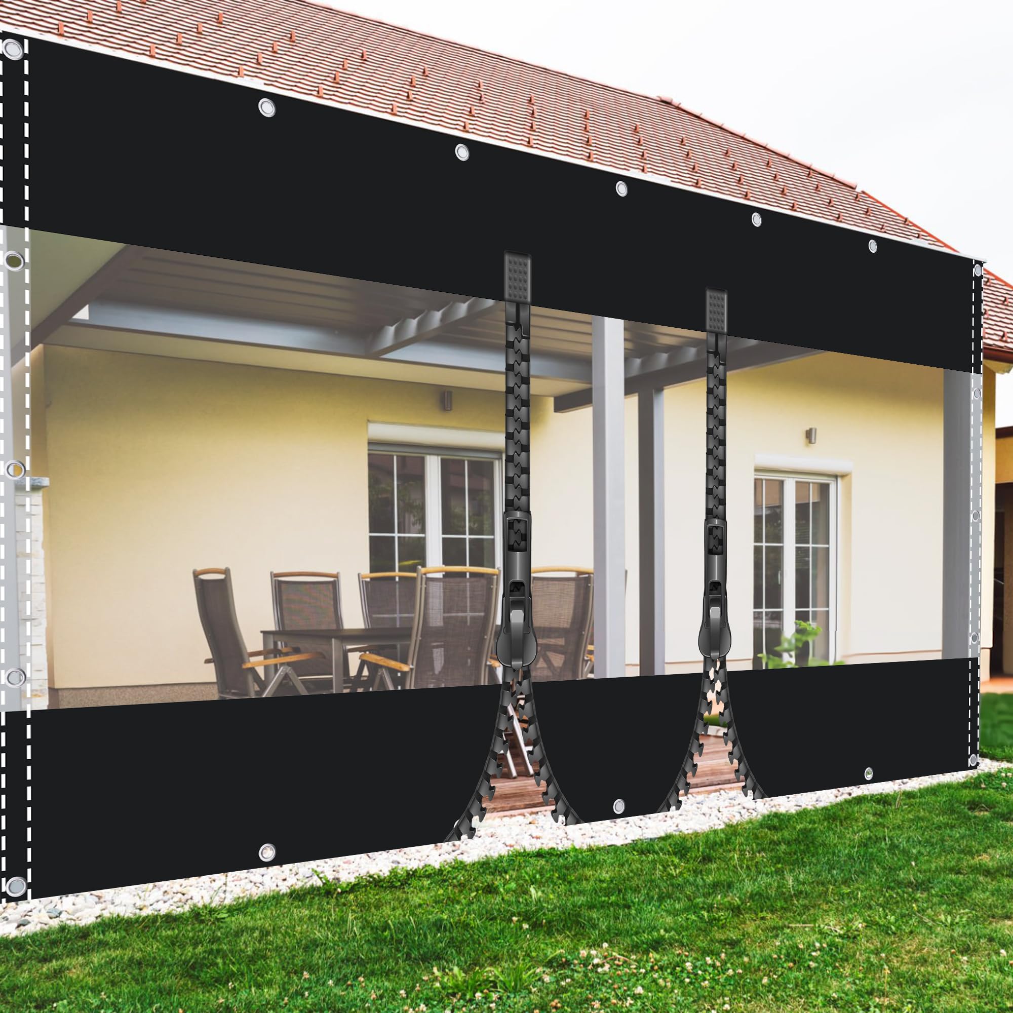 TMGJShd Clear Tarpaulin Heavy Duty 2.1mx3.3m Transparent Tarpaulin Sheet, 0.5mm Transparent PVC Black+Clear Tarpaulin with Eyelets and Double Zip Waterproof Tarpaulin for Garden, Garage, Gazebo.