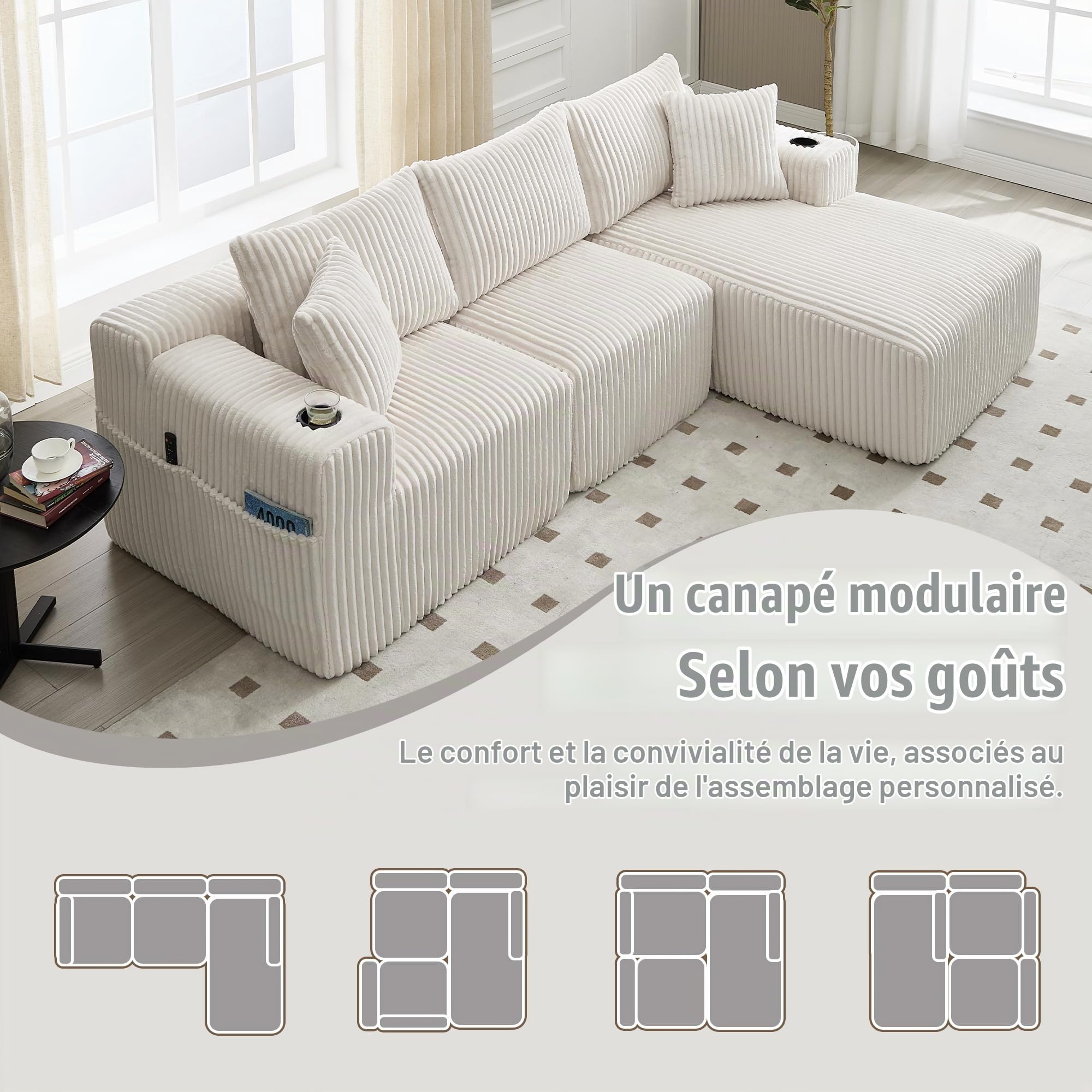 Sapgaks Canapé d'angle 3 Places en L avec Porte-Gobelets, Canapé Modulable en Velours Côtelé avec 5 Coussins et Accoudoirs, Canapé 3 Places avec Poches Latérales au Salon Appt, Beige