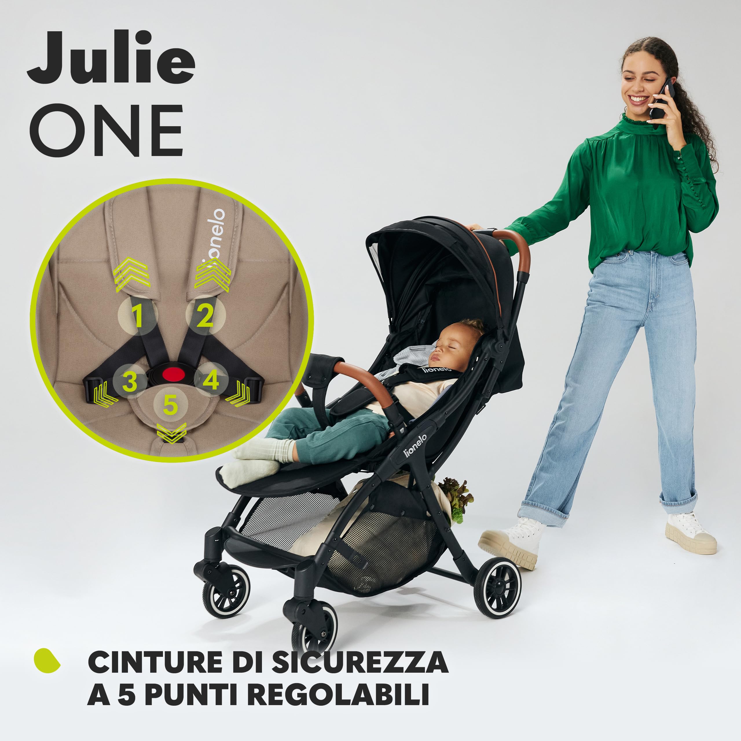 LIONELO Julie One Passeggino Leggero Pieghevole dalla Nascita a 22 kg | Schienale Reclinabile in Posizione Sdraiata, Poggiapiedi Regolabile, Zanzariera, Coprigambe, Portabibite e Borsa