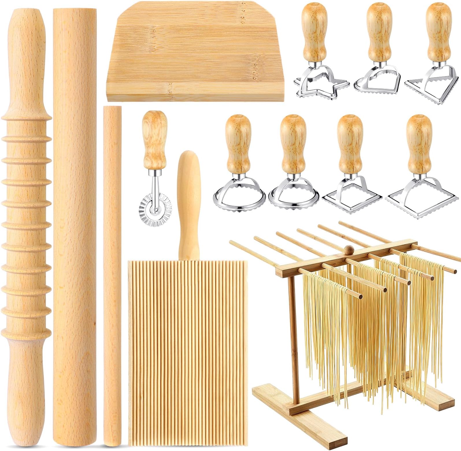 Suclain 14 Pcs Pasta Making Tool Set Includes Wooden Pasta Cutter Dough Scraper Rolling Pin Pasta Drying Rack Gnocchi Board Wood with Roller 8 Ravioli Stamp Maker Cutter for Kitchen Noodle (Classic)