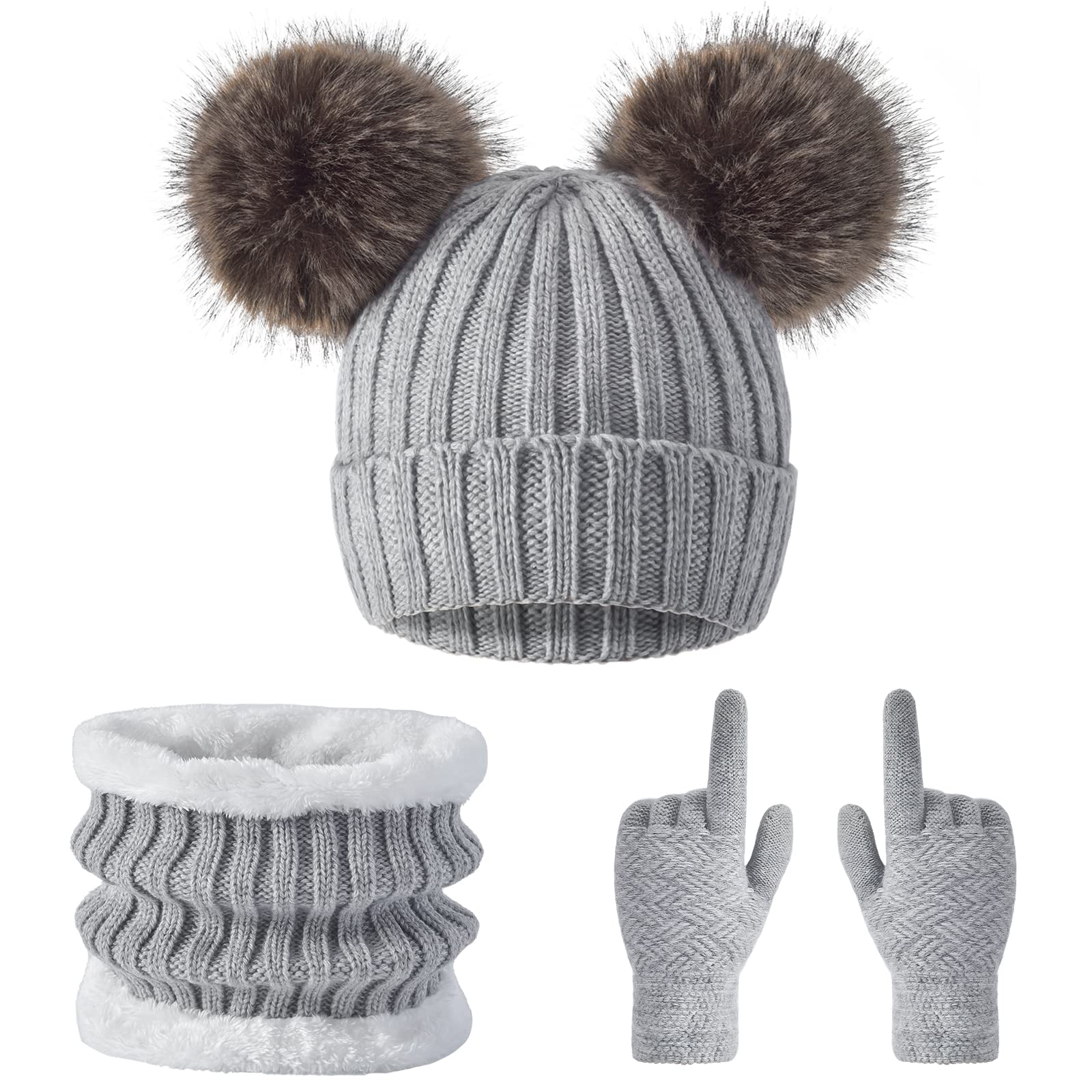 Juego de 3 gorros de punto de invierno para mujer, bufanda, guantes para pantalla táctil, cálido, suave, grueso, forro polar con doble pompón, gris, talla única