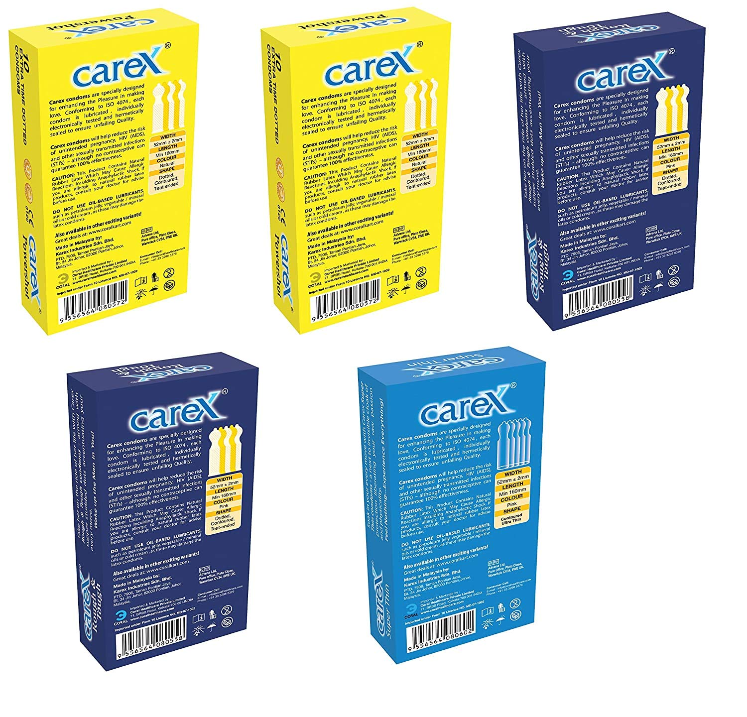CareX Powershot, Rough & Tough and Super Thin Condoms (Dotted, Studded & Perfumed) - Pack of 5 | (Combo)