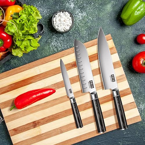 Miniatura 7 de MDHAND Juego de cuchillos de cocina  Juego de 3 cuchillos de chef de acero inoxidable de alto carbono, ultra afilados, juego de cuchillos