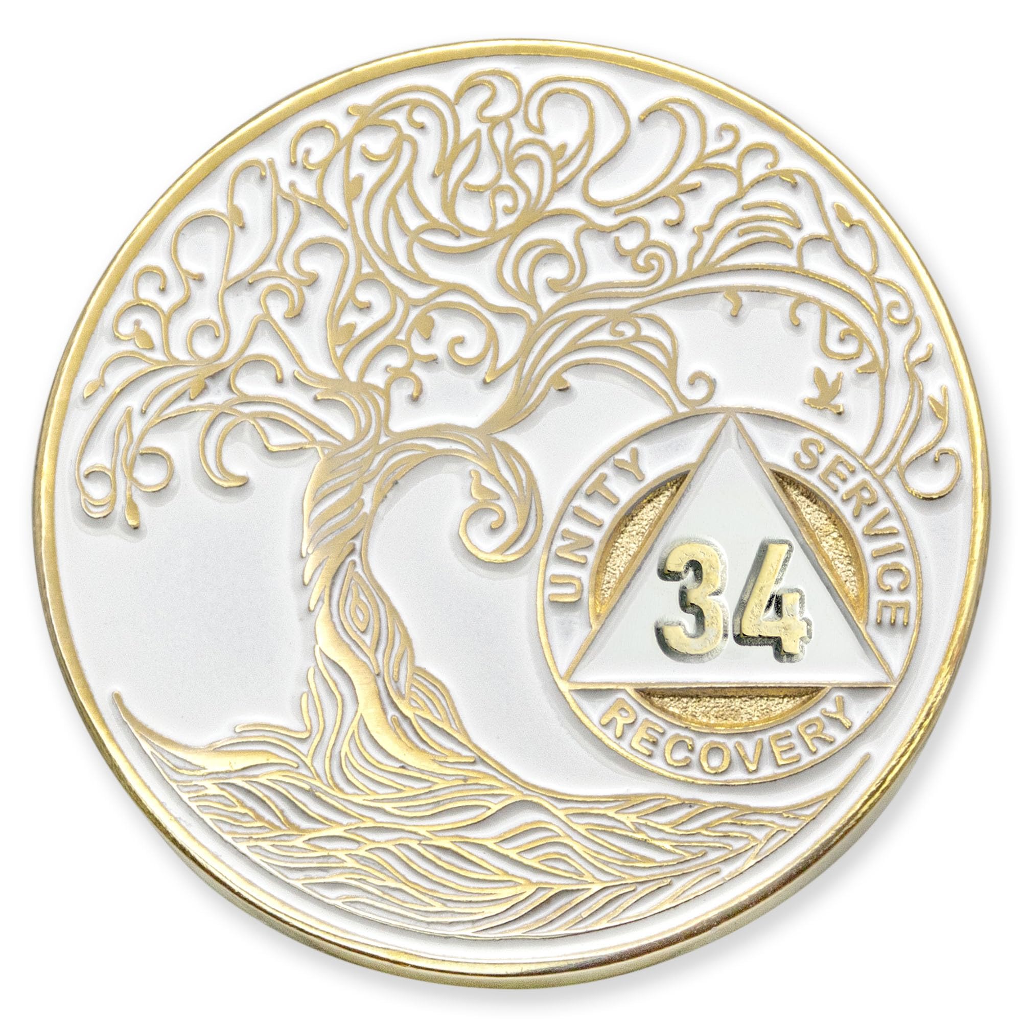 1 to 50 Year Twisted Tree of Life Sobriety Coin - Gold Plated AA Chips & Medallions - 34 Year Sobriety Coin - White