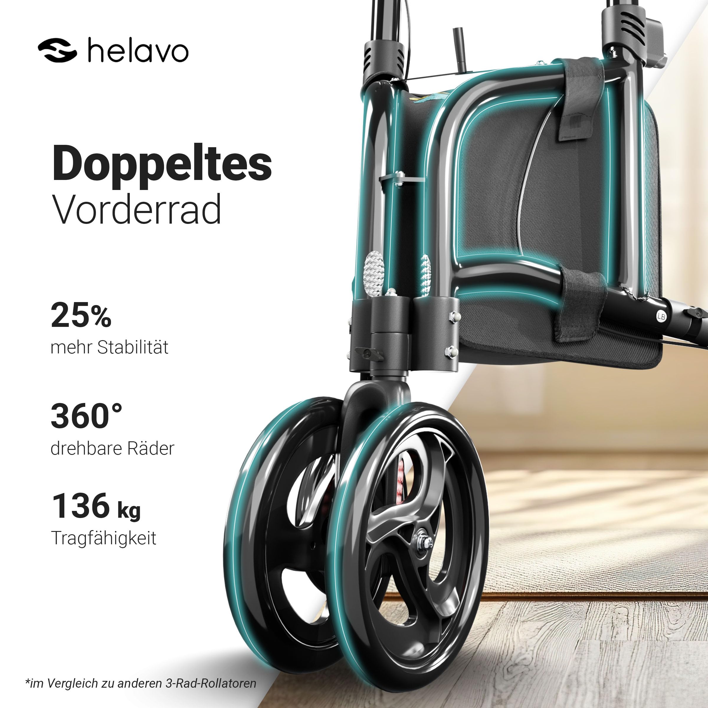 Helavo Rollator mit 3 Rädern - 5,5 kg leicht - Für Wohnung & Draußen | Aluminium-Dreiradrollator mit maximaler Stabilität dank doppeltem Vorderrad - Inkl Transporttasche - Höhenverstellbare Griffe