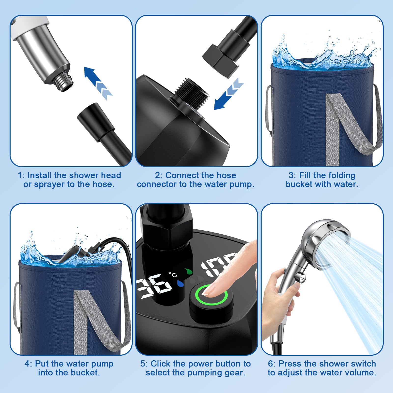 Douche Portable Camping, 9000mAh Pompe de Douche Rechargeable avec Affichage Numérique, Pommeau de Douche Réglable et Seau Pliable,Douche D'extérieur pour Camping,Randonnée,Lavage de Voiture