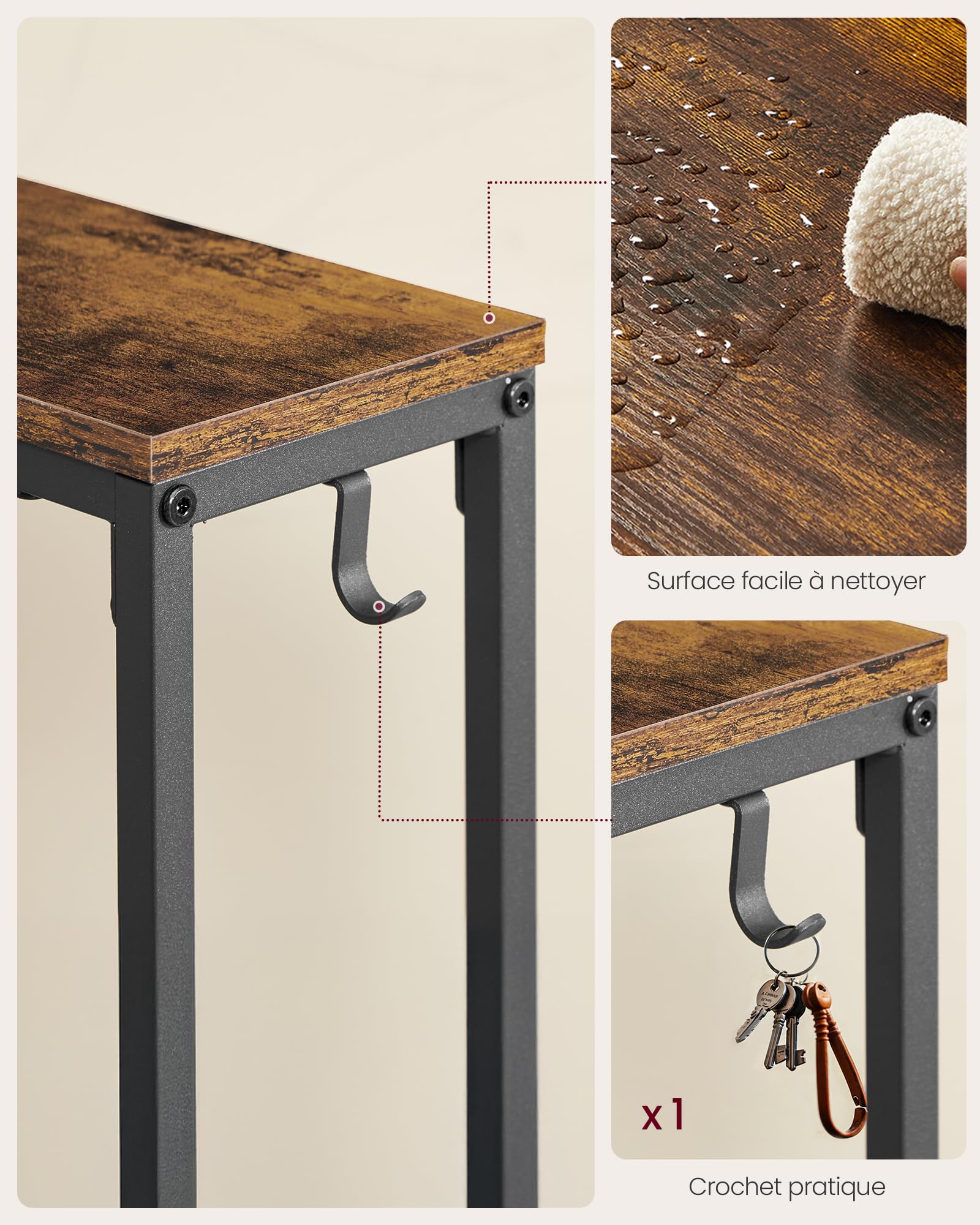 VASAGLE Table Console avec Multiprise, Bout de canapé, 15 x 100 x 80 cm, 1 Crochet, Montage Facile, pour Entrée, Salon, Marron Rustique et Noir d'encre LNT079K02