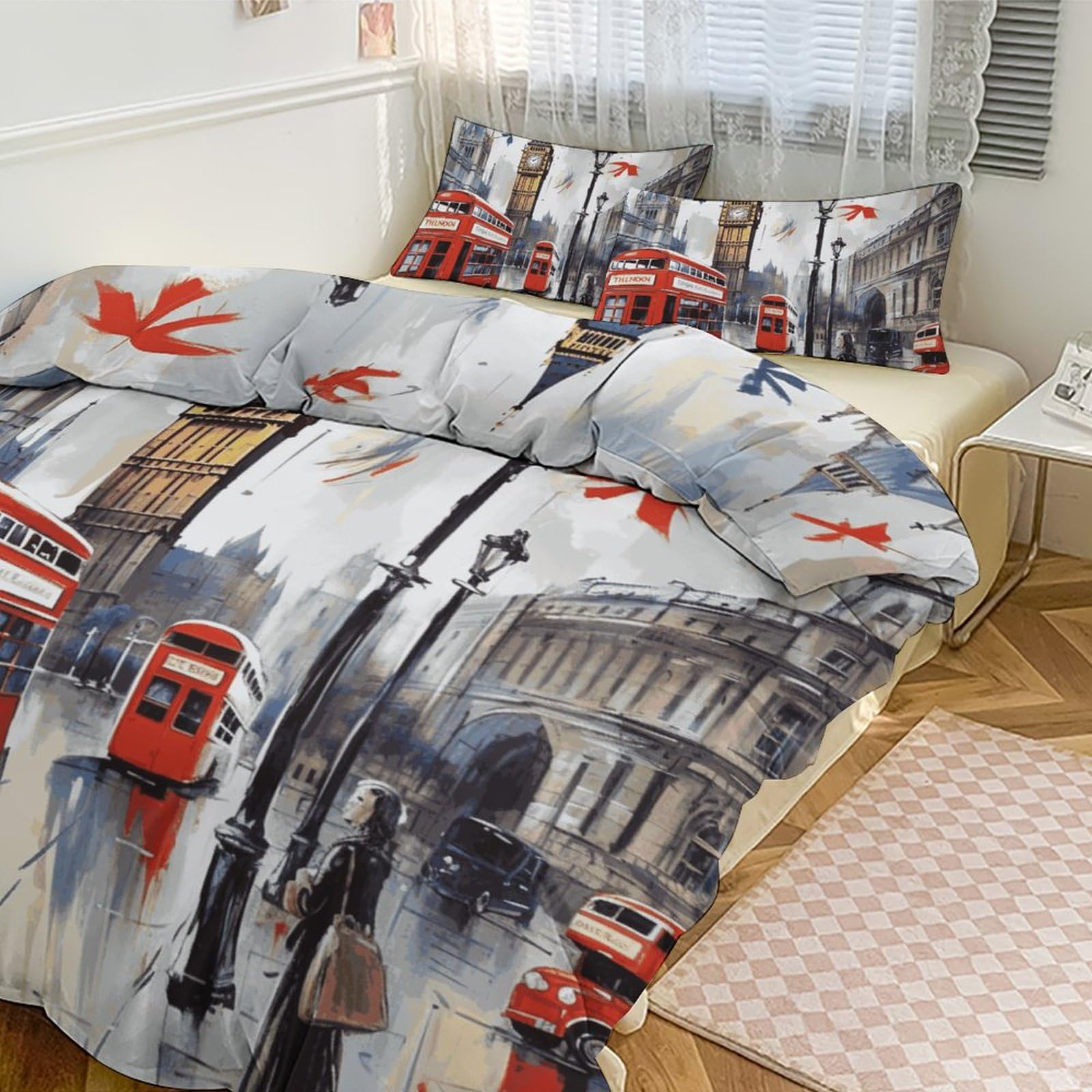 Couette pour grand lit motif Londres : parure de lit épaisse pour chambre et hôtel