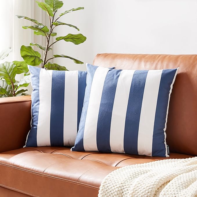 Nestinco Set of 2 Striped Pillow Covers Navy Blue and White