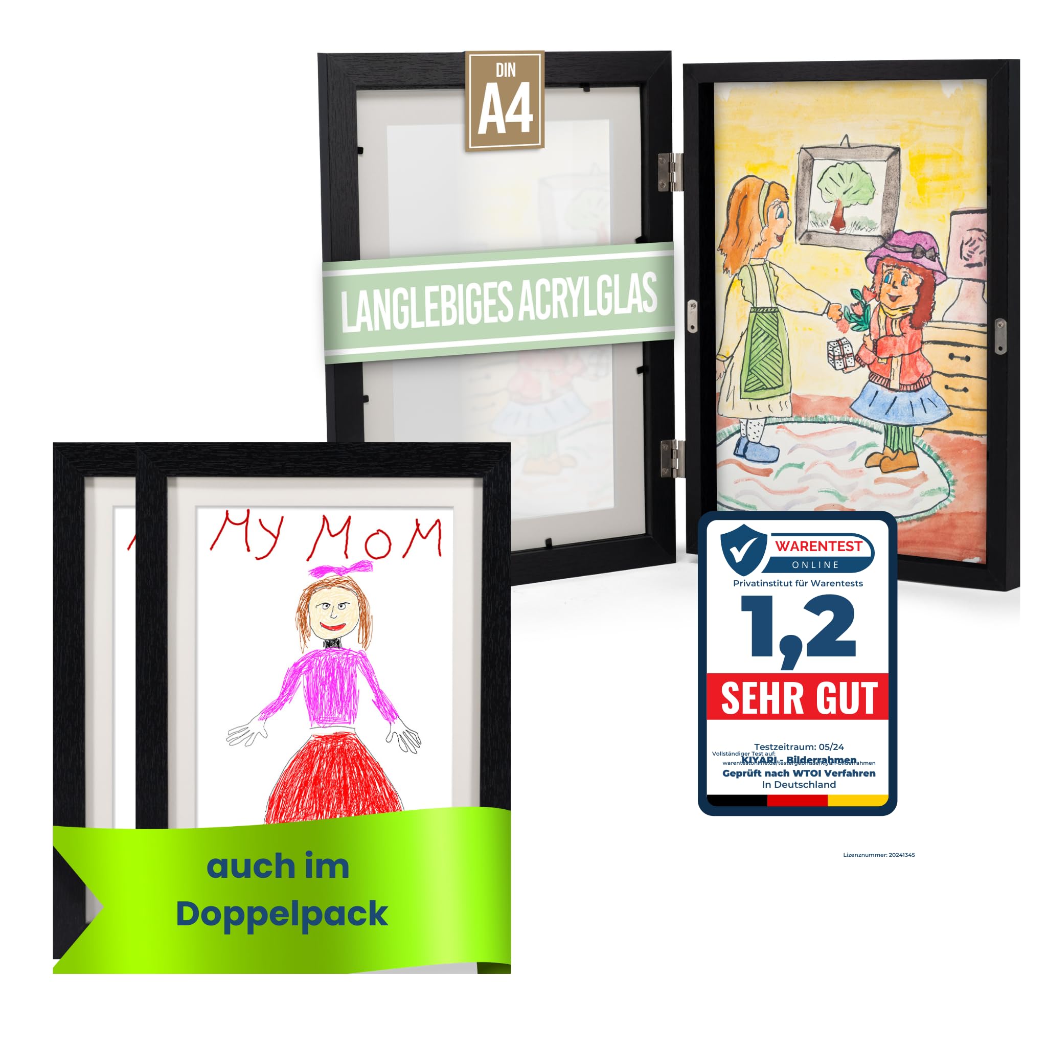 KIYARI Bilderrahmen Kinderzeichnungen A4, 2 Set Schwarz Aufklappbar & Frontöffnung, für bis zu 150 Zeichnungen, Robustes Holz & bruchsicheres Glas, Ideal für Kunstprojekte, Kinderzimmer & Schule