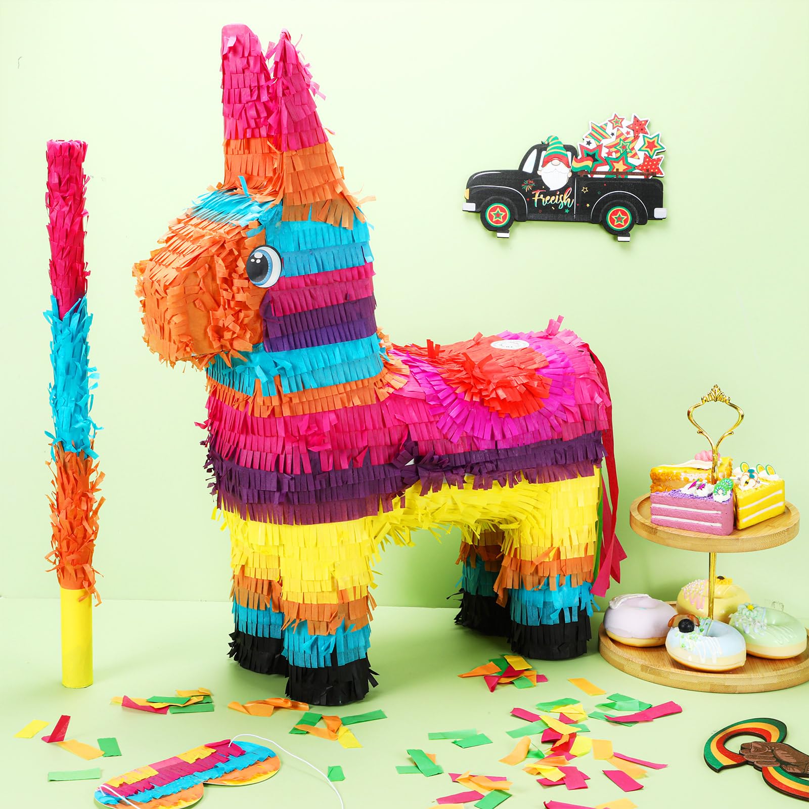 Poen Piñata grande de burro arcoíris de 21 pulgadas, piñata multicolor para fiesta, 53 x 15,7 x 6 pulgadas, decoración de fiesta temática mexicana, carnaval, festivales, eventos de martes de tacos,