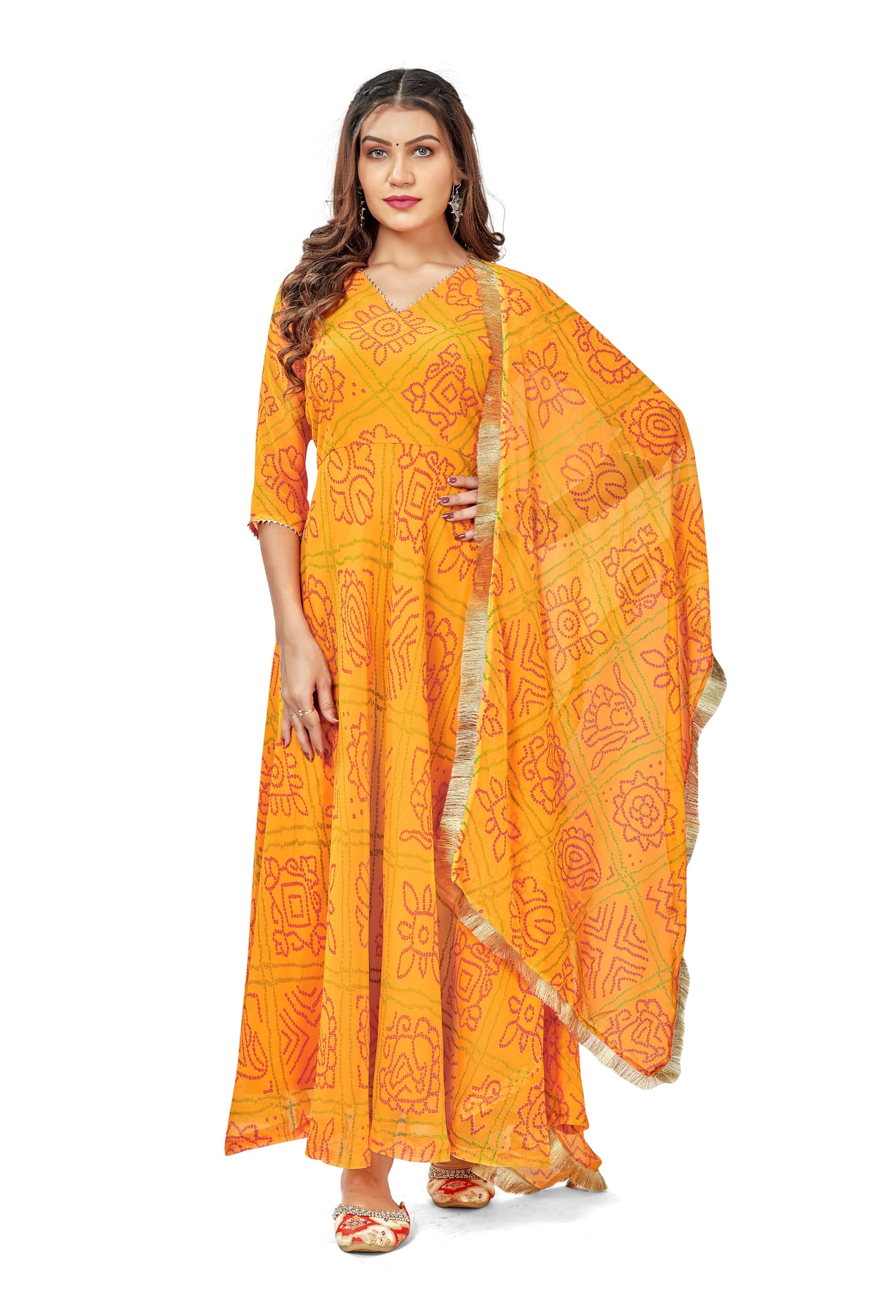 VIHARA THREADS Women's Bandhani Print Anarkali Kurta with Matching Dupatta, Ethnic Indian Wear