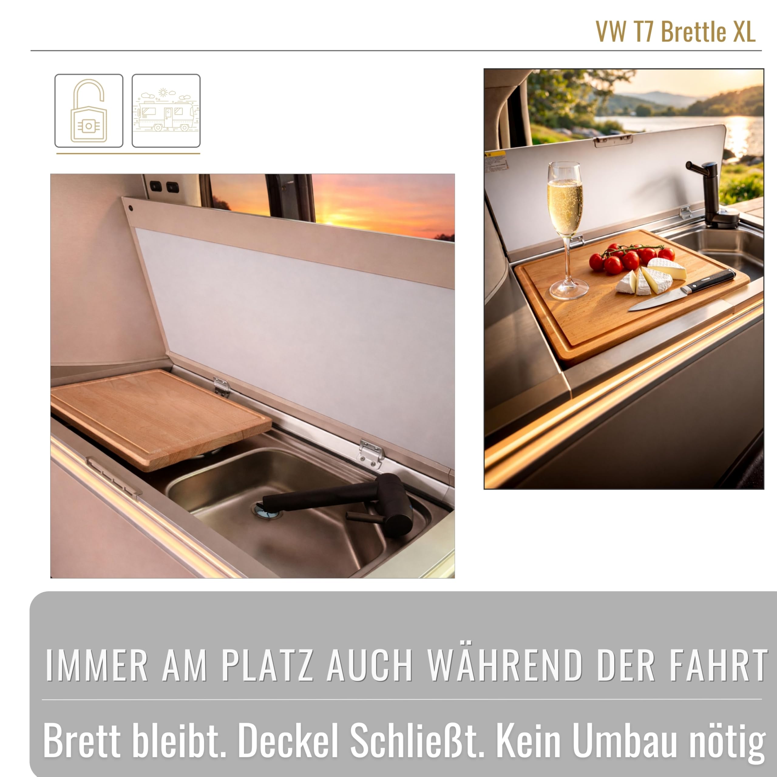 Arbeitsflächenerweiterung groß für VW T7 California – 30x26x2 cm Massivholz Buche – Passgenaue Kochfeldabdeckung & Schneidebrett für Camper Küche